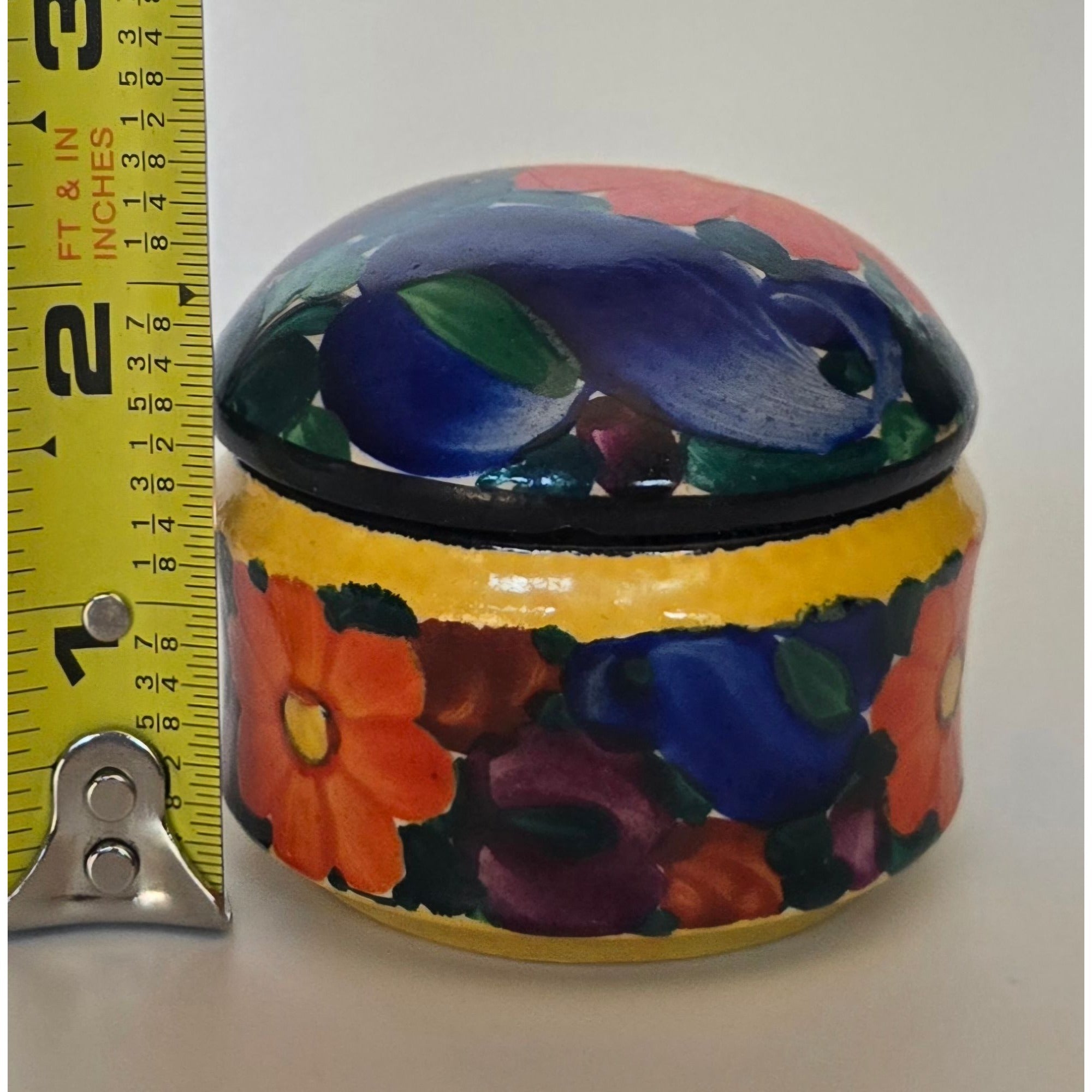 Hand-Painted Ceramic Trinket Box With Lid Peasant Ware – Floral Design – 2 In Tall x 2.5 In Diameter