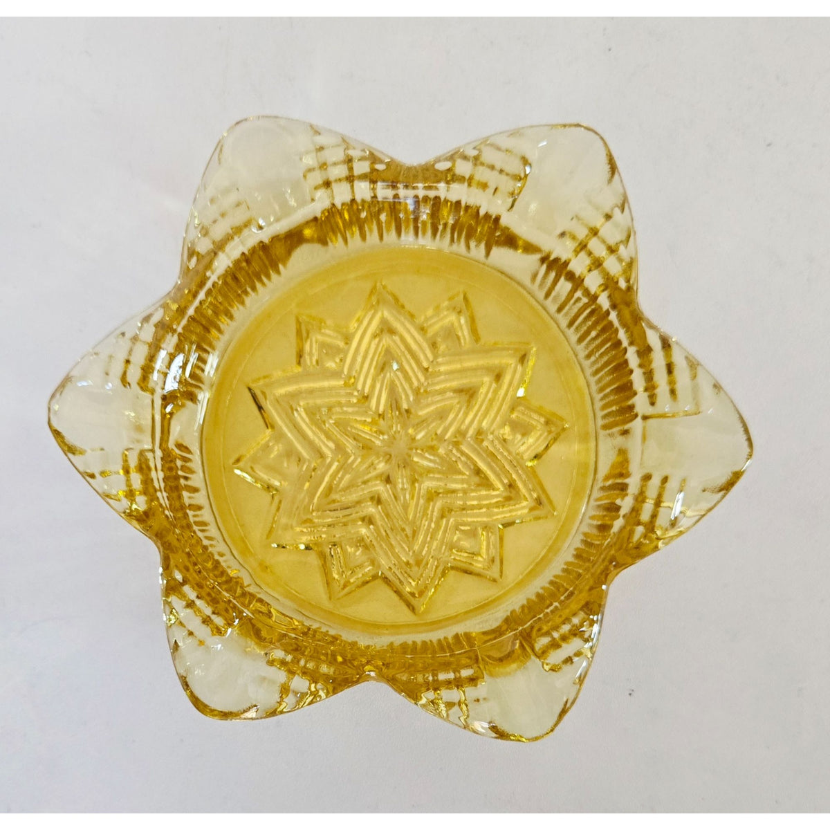 Vintage Hazel Atlas Yellow Glass Dish With Star Shape Design 4.5" Decorative Accent