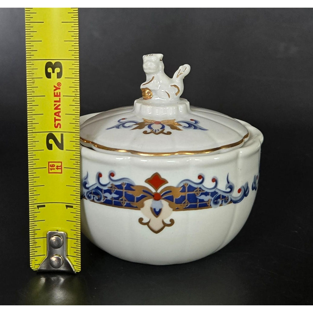 Chinoiserie Collection by Elizabeth Arden Porcelain Trinket Box w/ Lid & Cat Finial Colorful Accents