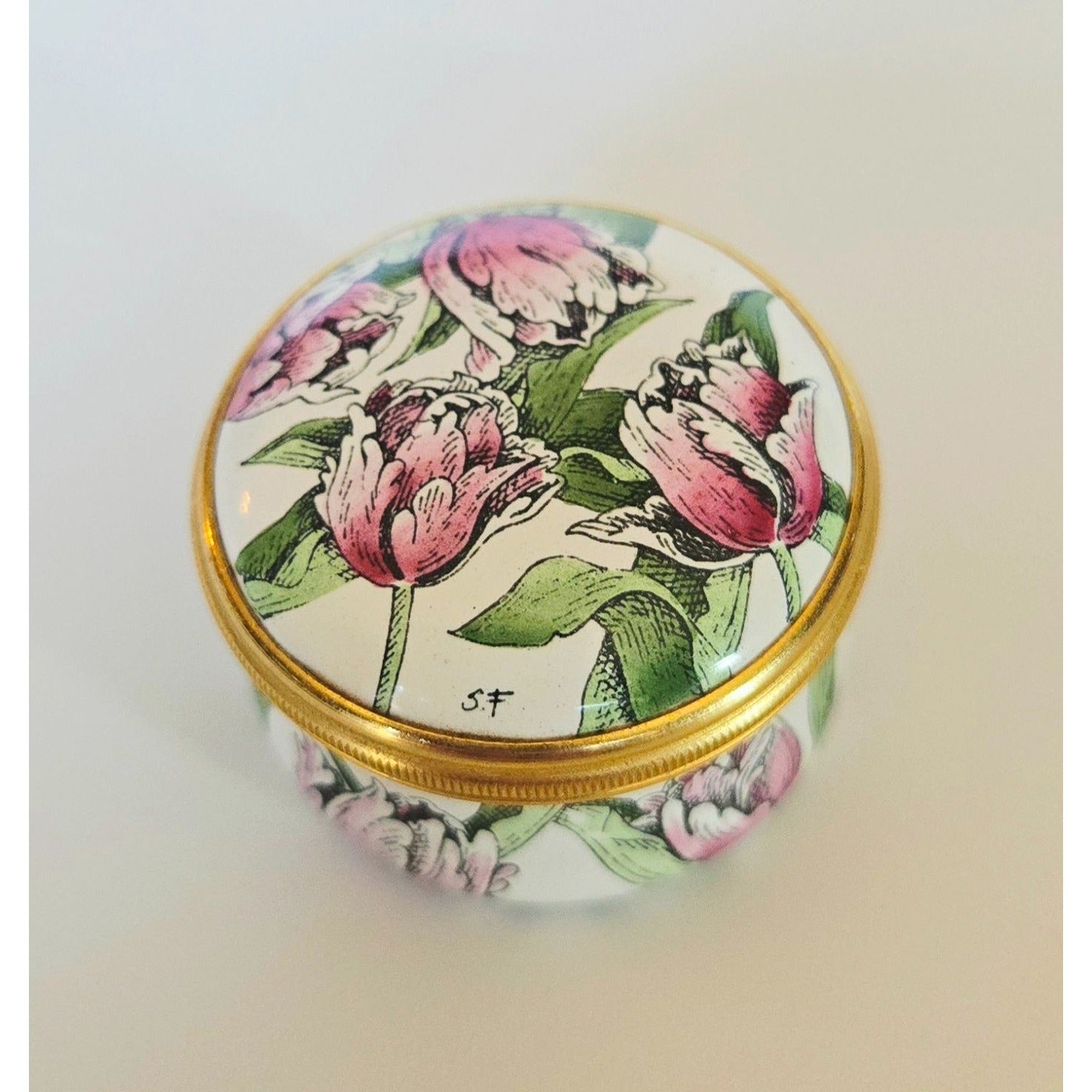 Halcyon Days Enamels Round Trinket Box With Pink Tulip Design & Gold Trim Made In England