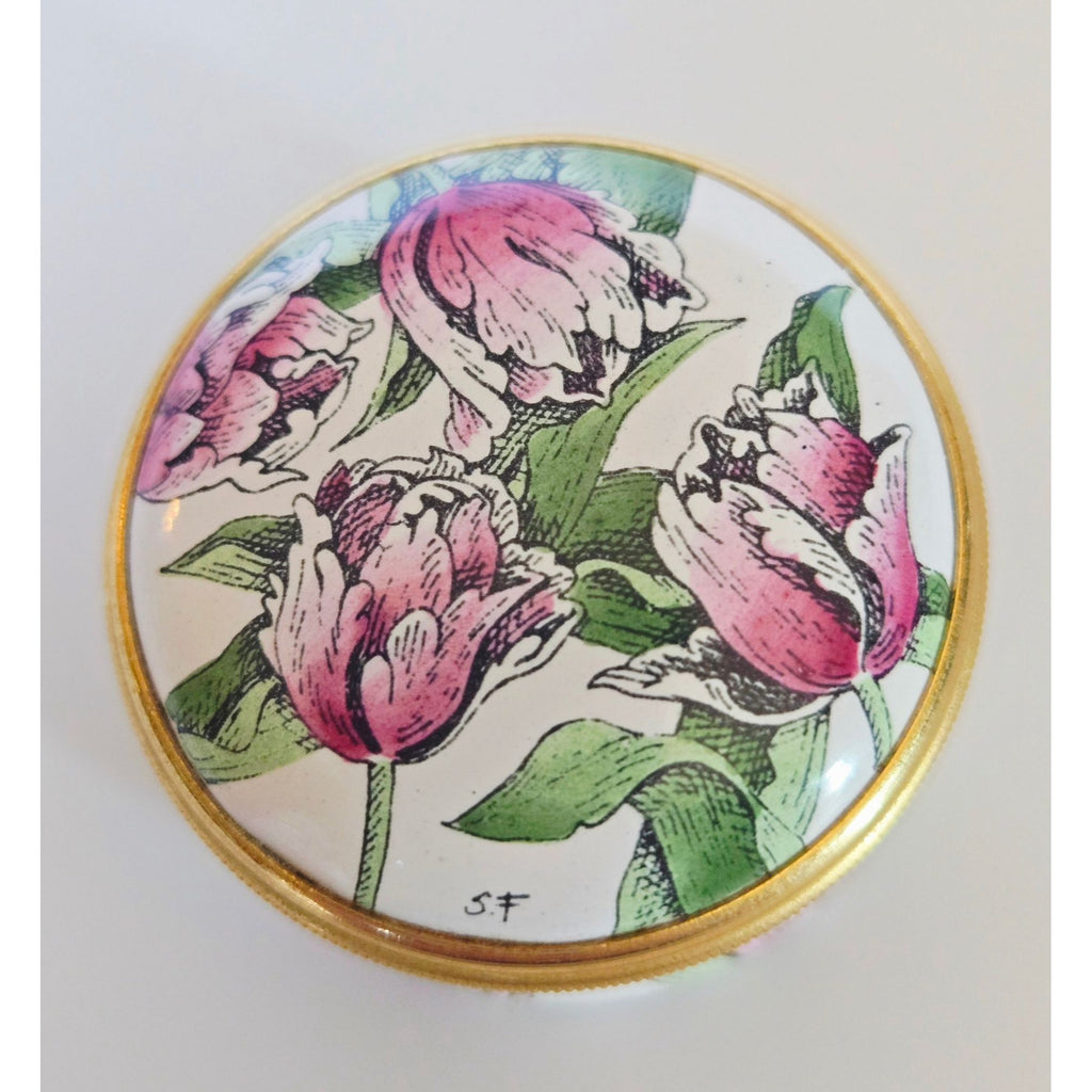 Halcyon Days Enamels Round Trinket Box With Pink Tulip Design & Gold Trim Made In England