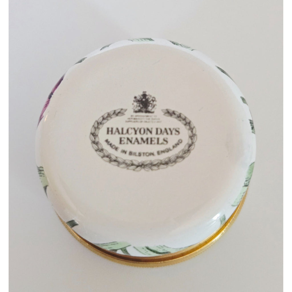 Halcyon Days Enamels Round Trinket Box With Pink Tulip Design & Gold Trim Made In England