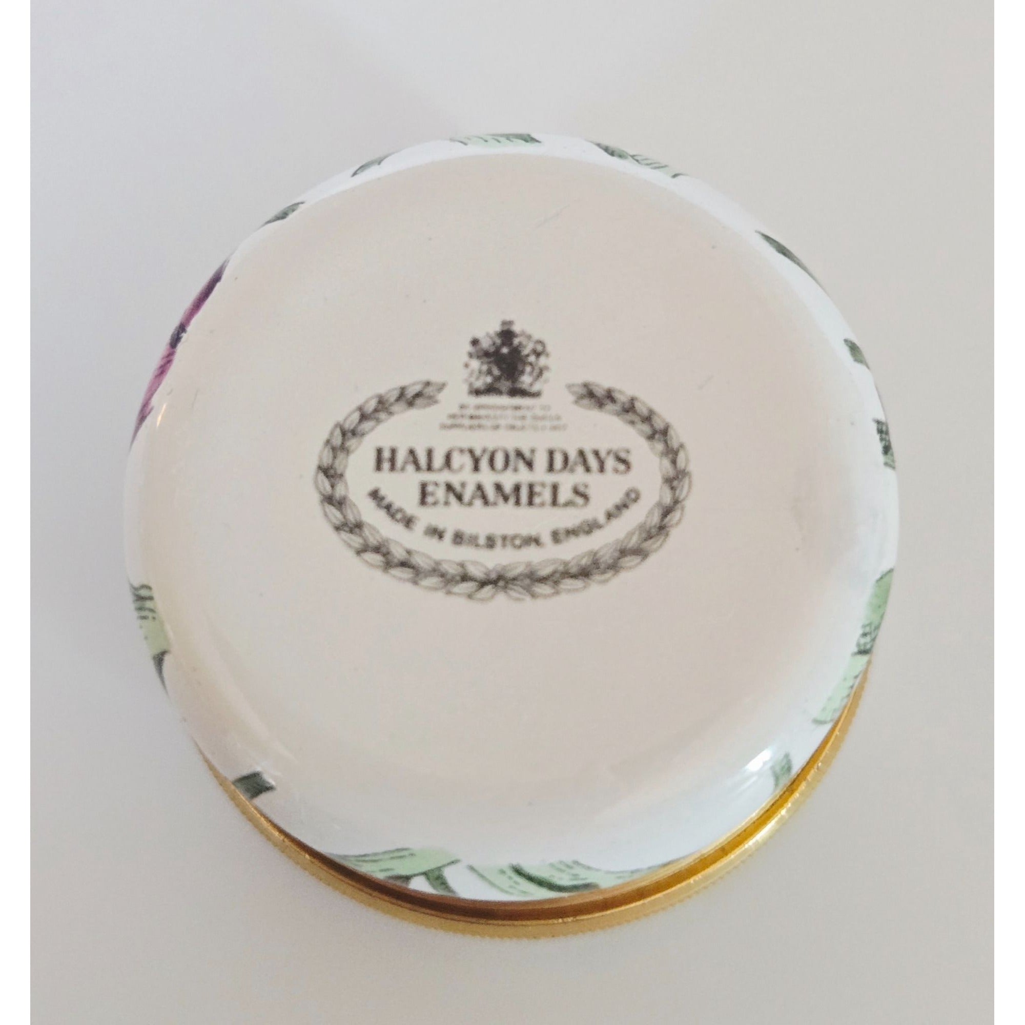 Halcyon Days Enamels Round Trinket Box With Pink Tulip Design & Gold Trim Made In England