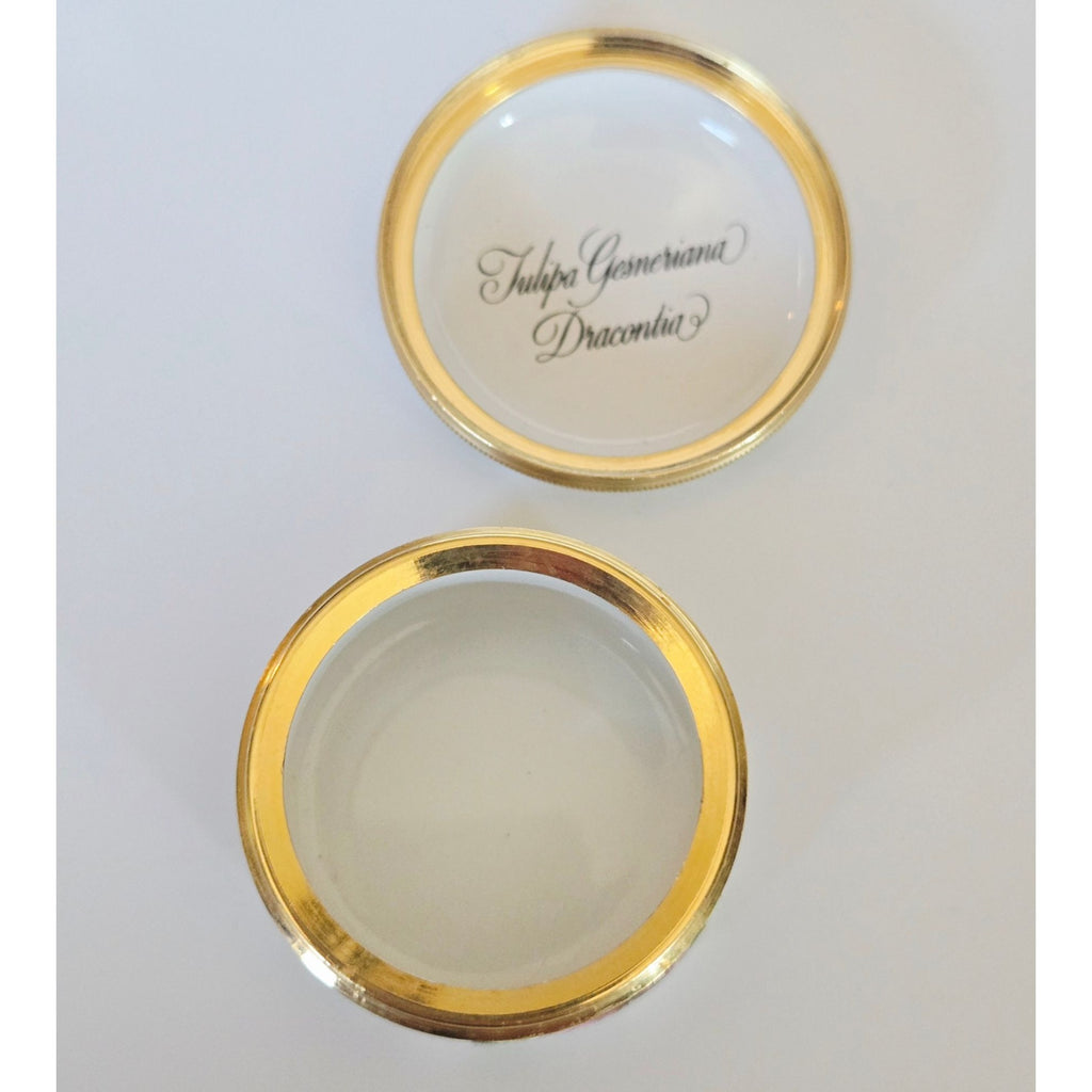 Halcyon Days Enamels Round Trinket Box With Pink Tulip Design & Gold Trim Made In England