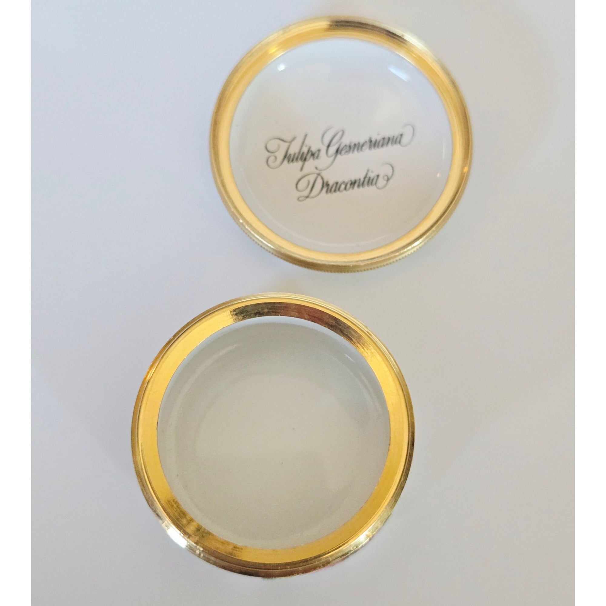 Halcyon Days Enamels Round Trinket Box With Pink Tulip Design & Gold Trim Made In England