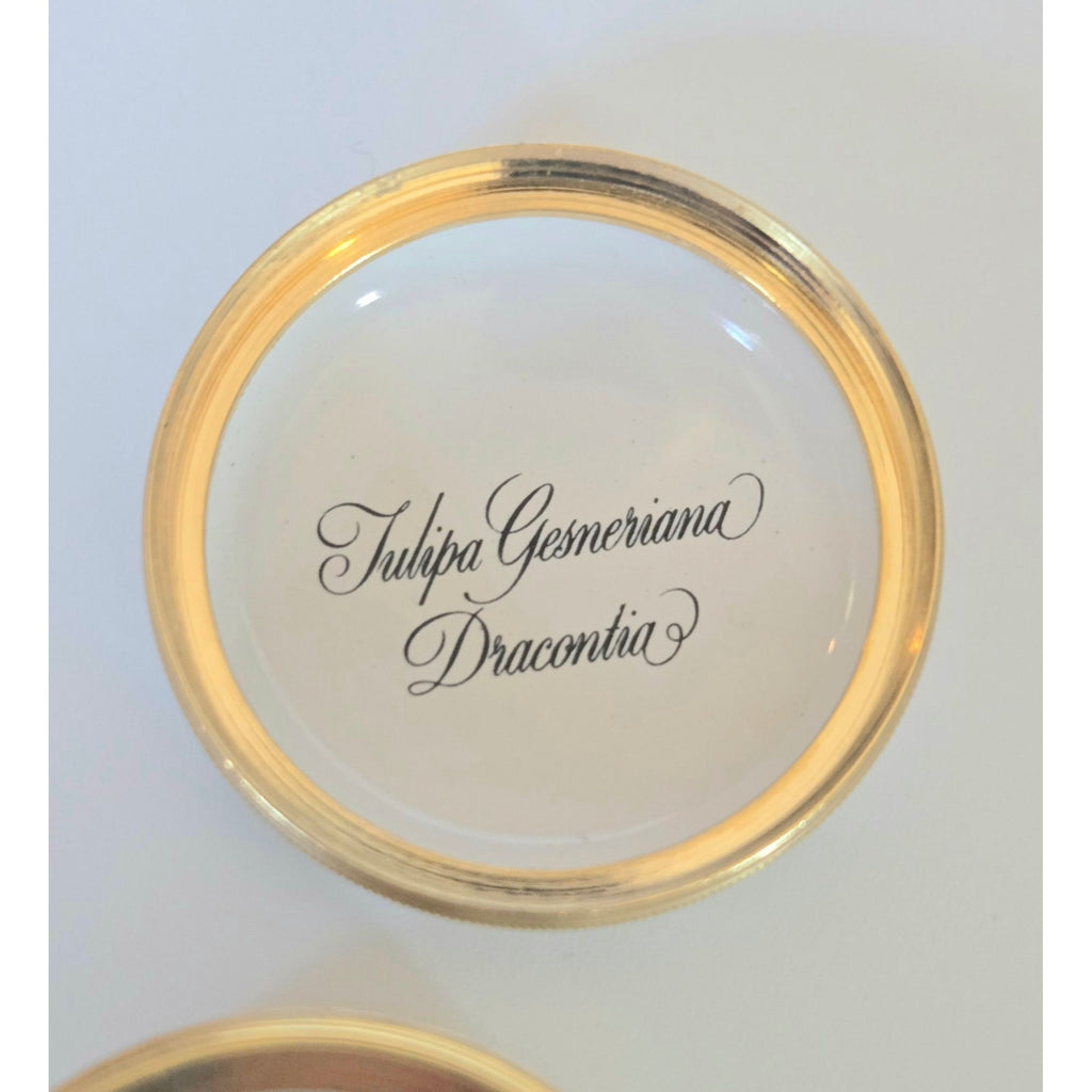 Halcyon Days Enamels Round Trinket Box With Pink Tulip Design & Gold Trim Made In England