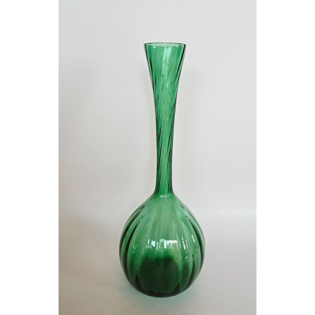 10" Empoli  Optic Vase Green Swirl Gourd Vase, Bottle Vase, Long Neck Excellent Condition, MCM