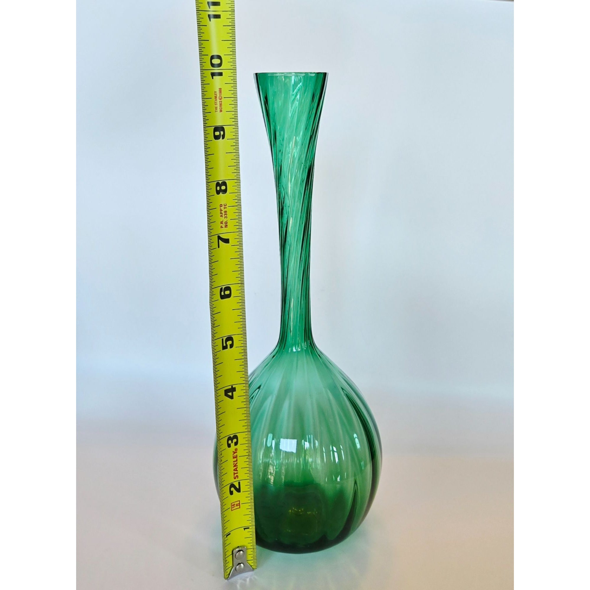 10" Empoli  Optic Vase Green Swirl Gourd Vase, Bottle Vase, Long Neck Excellent Condition, MCM