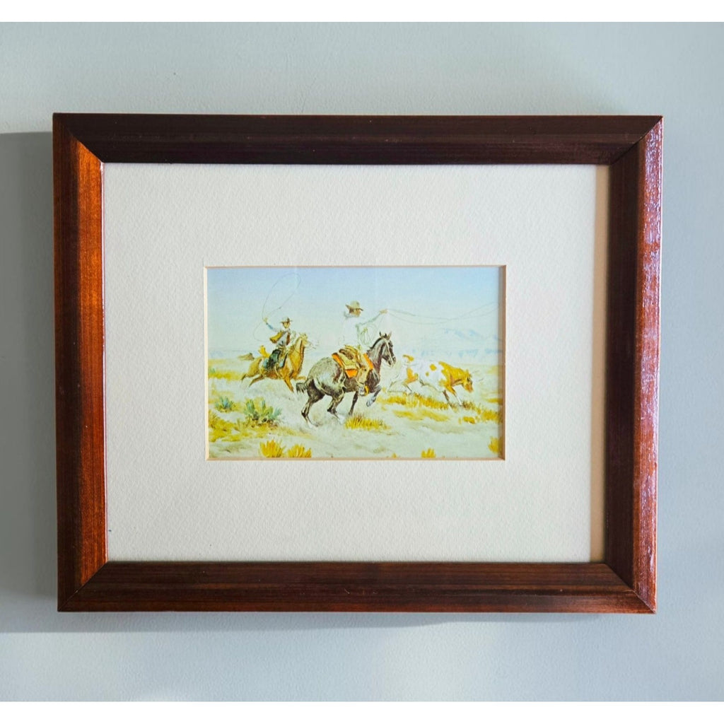 Vintage Western Cowboy Art Print In Rustic Wooden Frame, Featuring Cattle And Lasso Scene, Framed