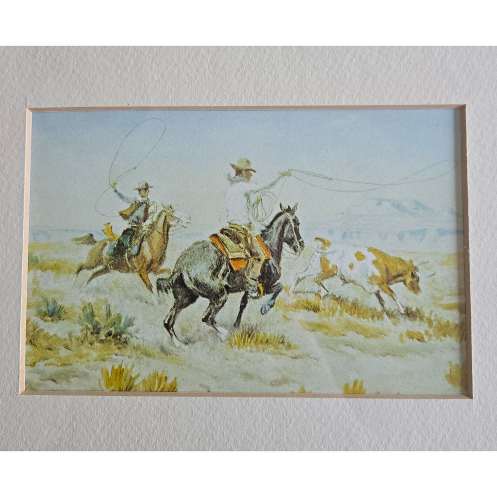 Vintage Western Cowboy Art Print In Rustic Wooden Frame, Featuring Cattle And Lasso Scene, Framed