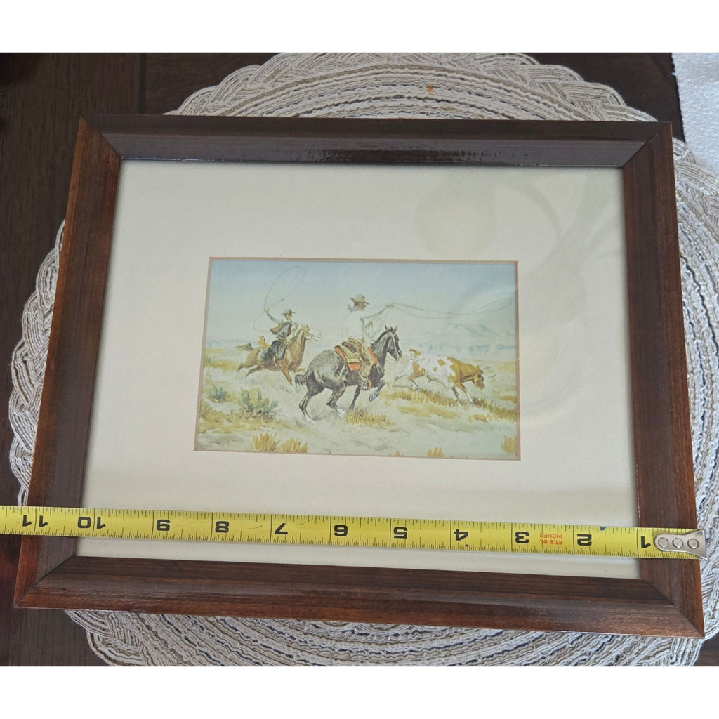 Vintage Western Cowboy Art Print In Rustic Wooden Frame, Featuring Cattle And Lasso Scene, Framed