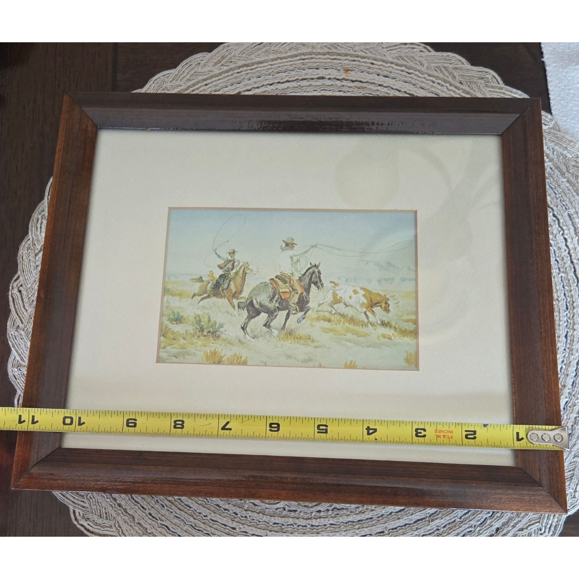 Vintage Western Cowboy Art Print In Rustic Wooden Frame, Featuring Cattle And Lasso Scene, Framed