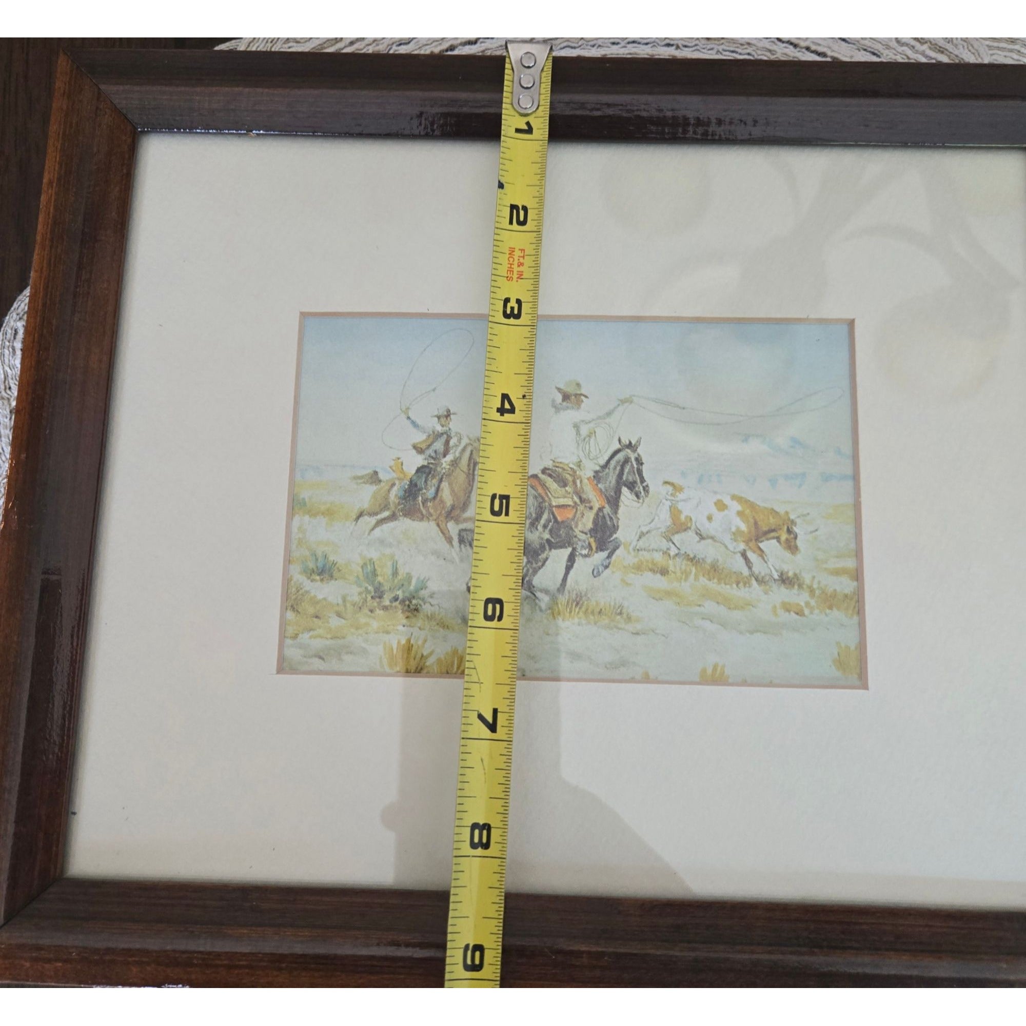 Vintage Western Cowboy Art Print In Rustic Wooden Frame, Featuring Cattle And Lasso Scene, Framed