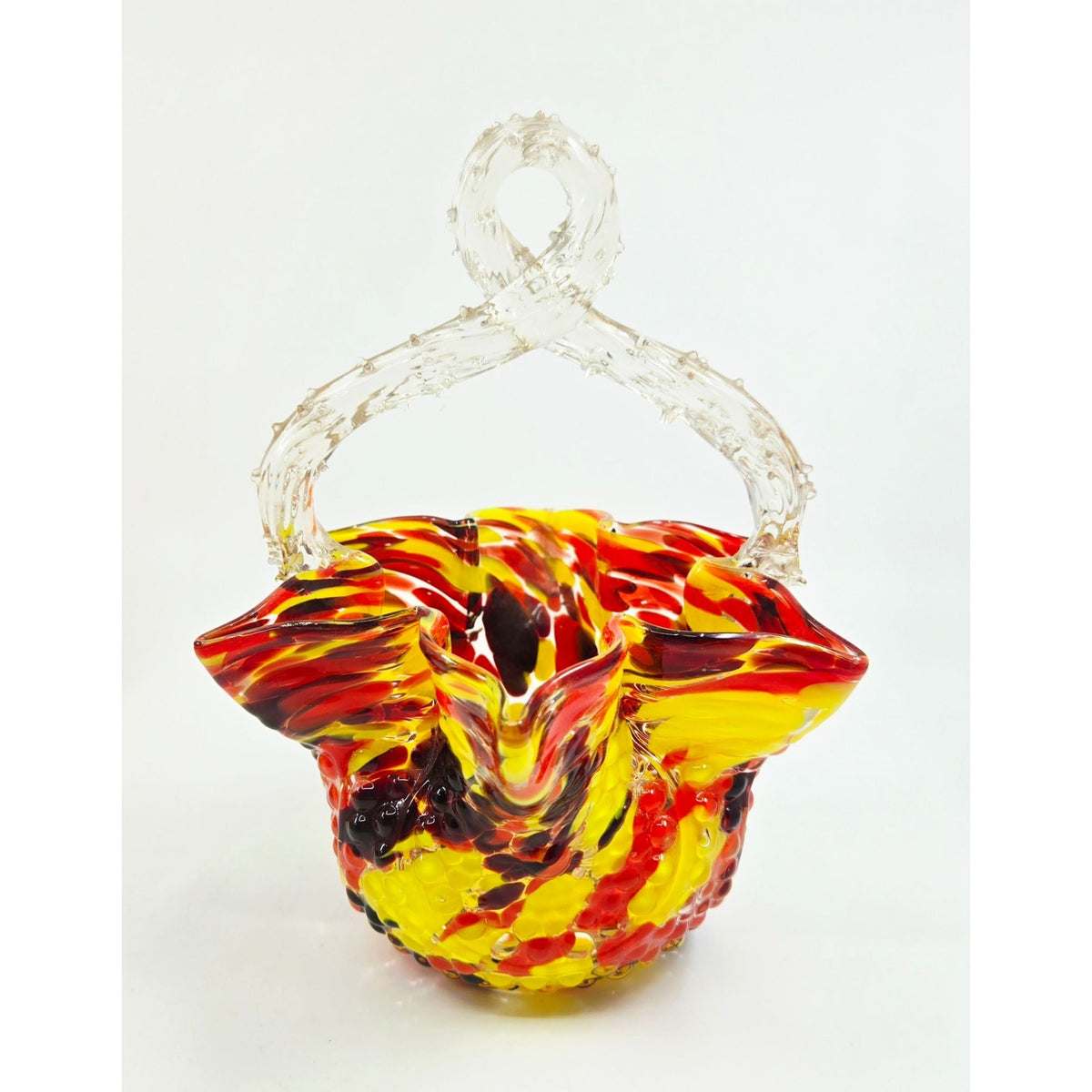 Welz Victorian Speckled Basket with Clear Thorny Twisted Handle, red yellow