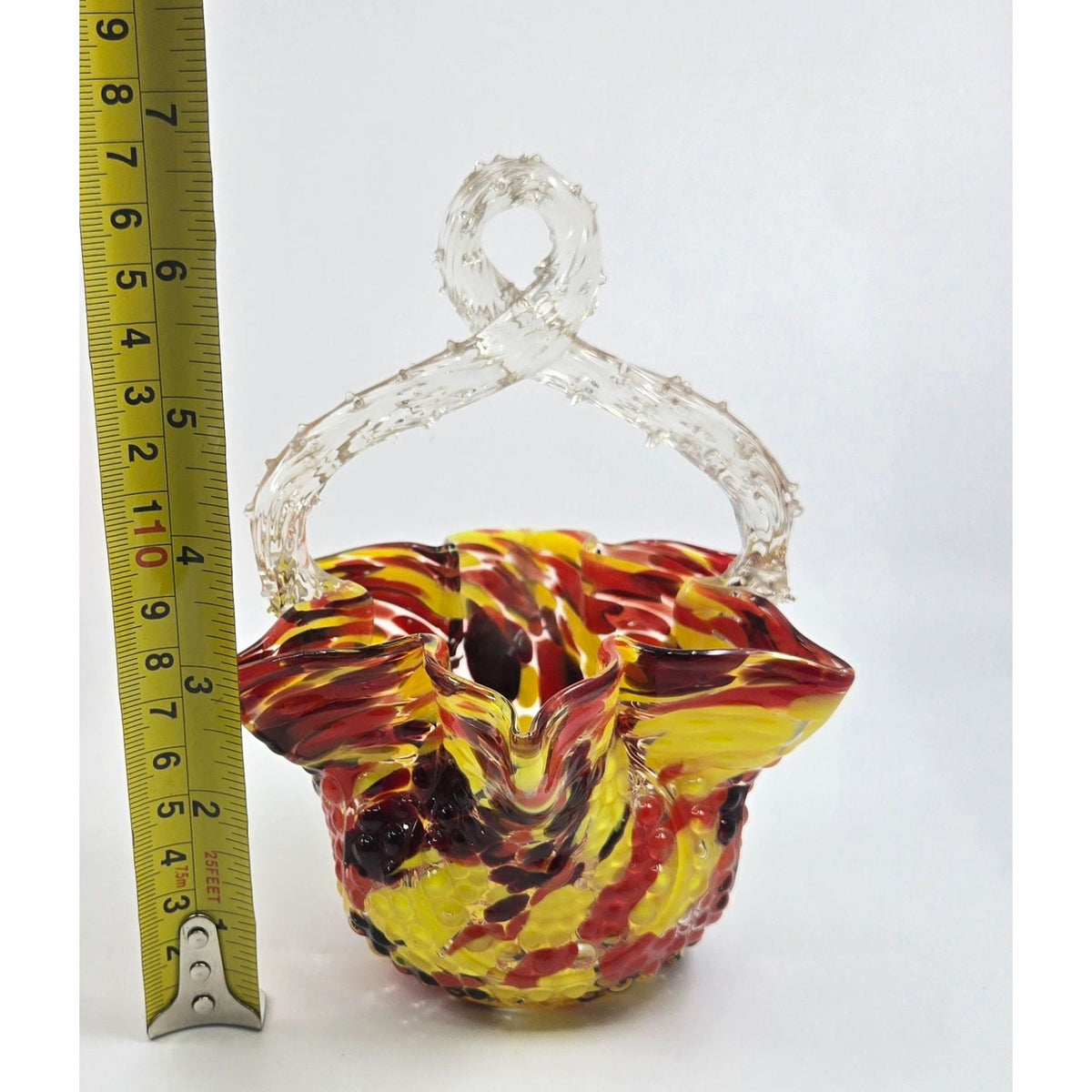 Welz Victorian Speckled Basket with Clear Thorny Twisted Handle, red yellow