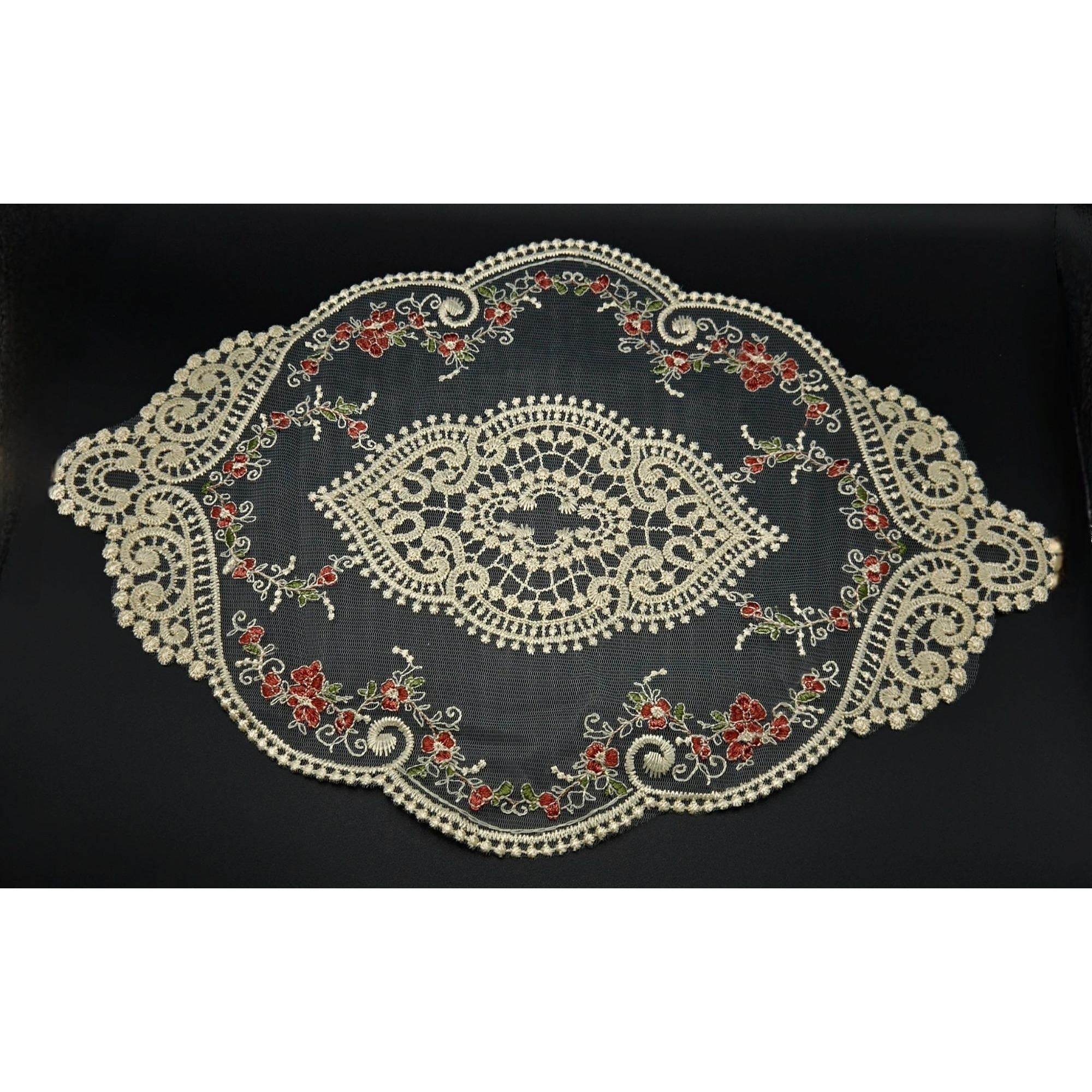 Vintage Lace Table Doile With Pink floral Embroidery & Scalloped Edges