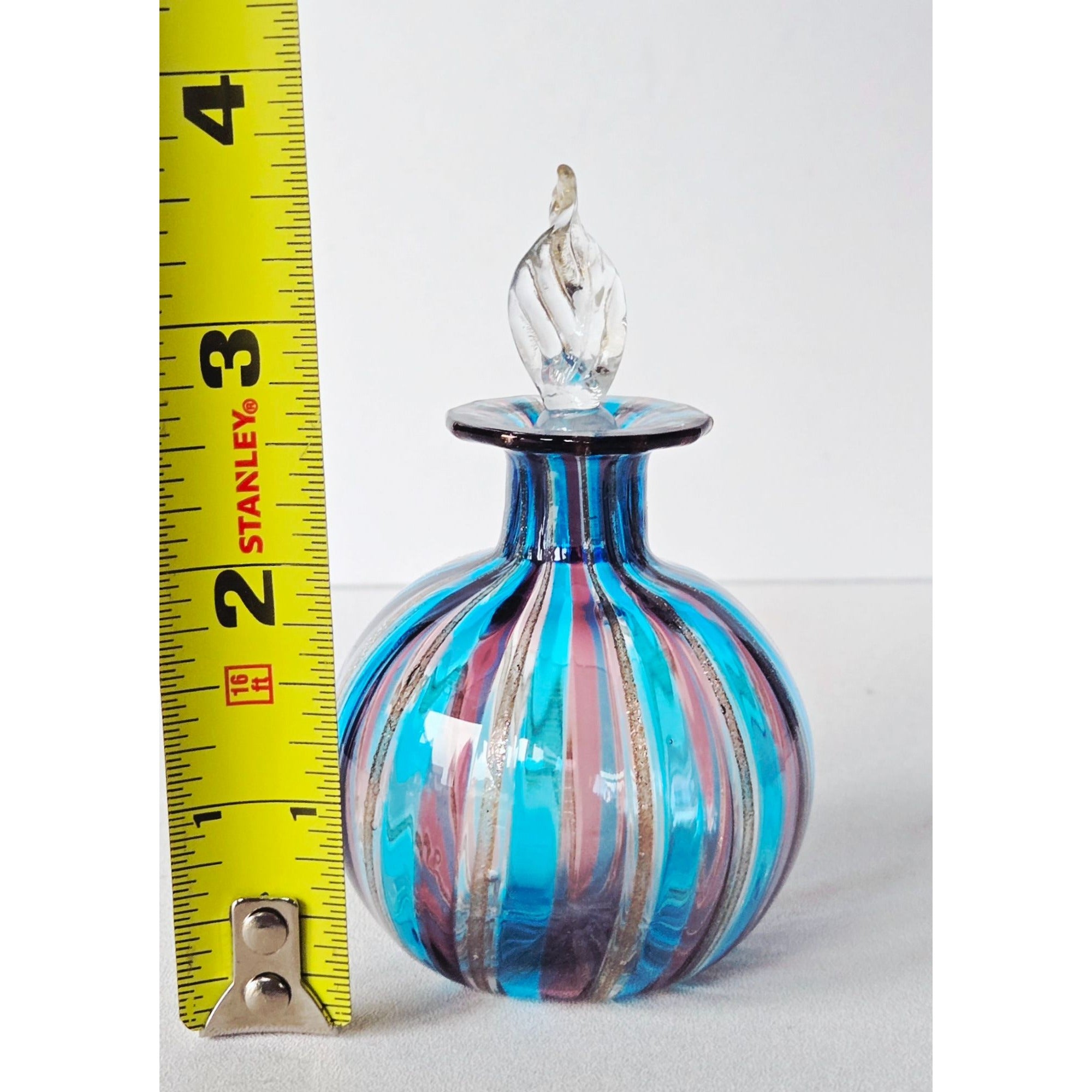 Handcrafted Murano Glass Perfume Bottle With Stopper - Multicolor Striped Design - 3.5" Tall