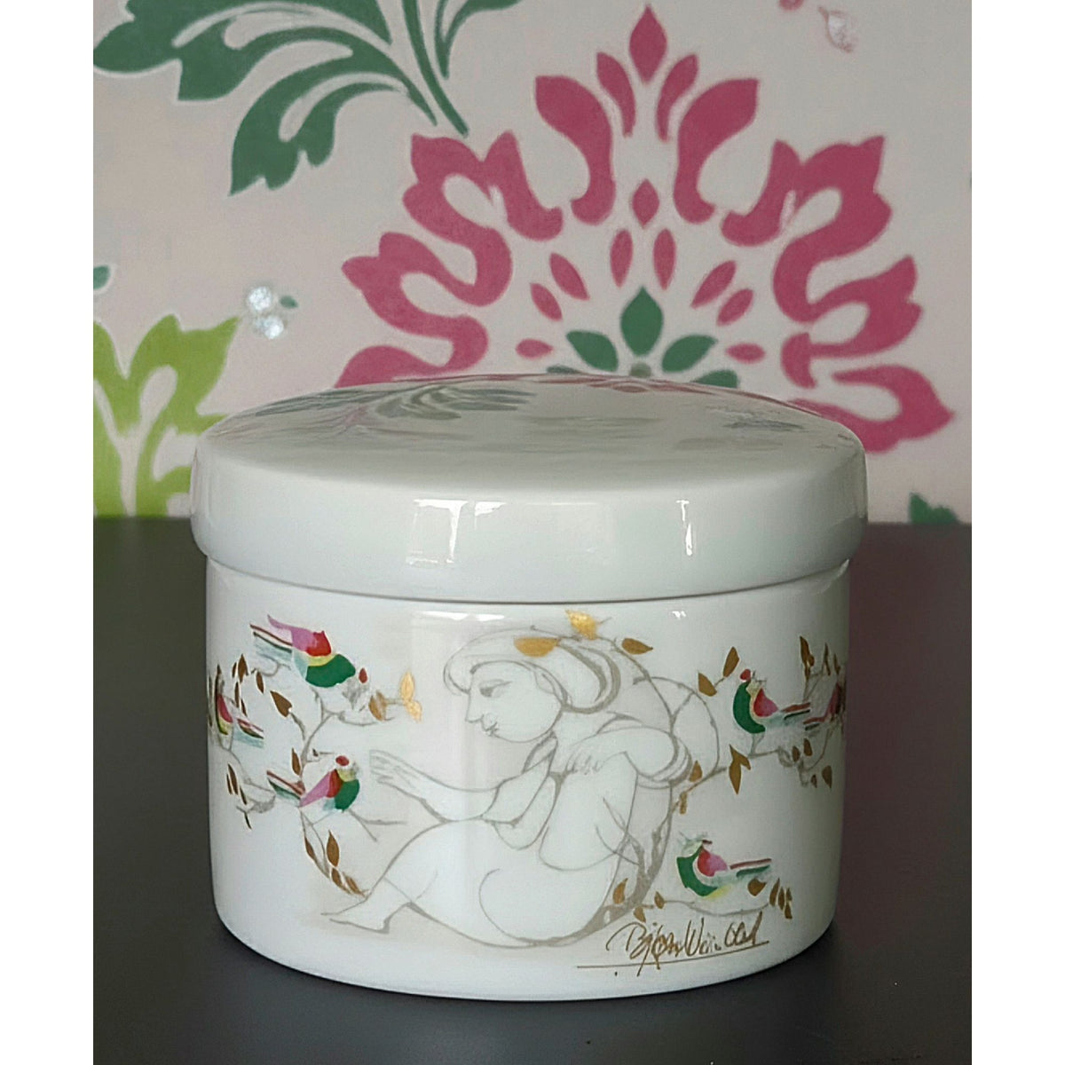 Bjorn Wiinblad Trinket Box Hand Painted, Woman w/ Birds Made by Rosenthal Germany