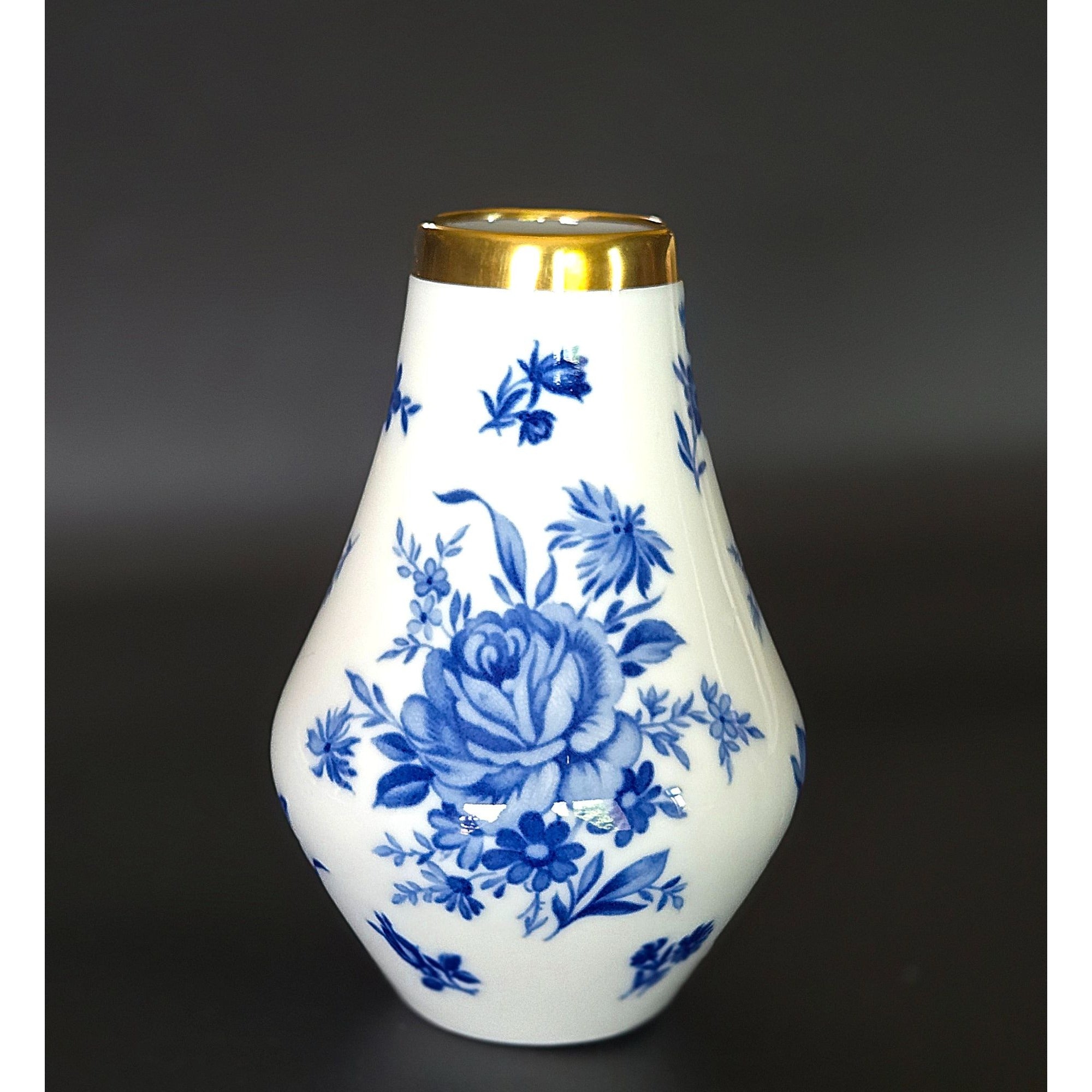 PMR Bavarian Porcelain Vase With Blue Floral Design & Gold Rim