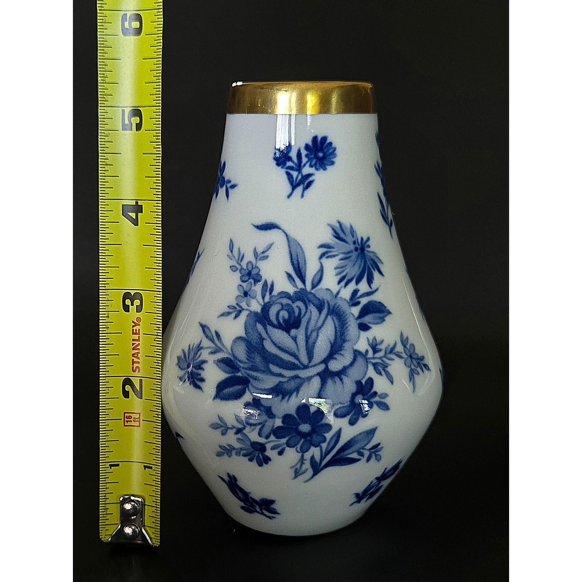 PMR Bavarian Porcelain Vase With Blue Floral Design & Gold Rim