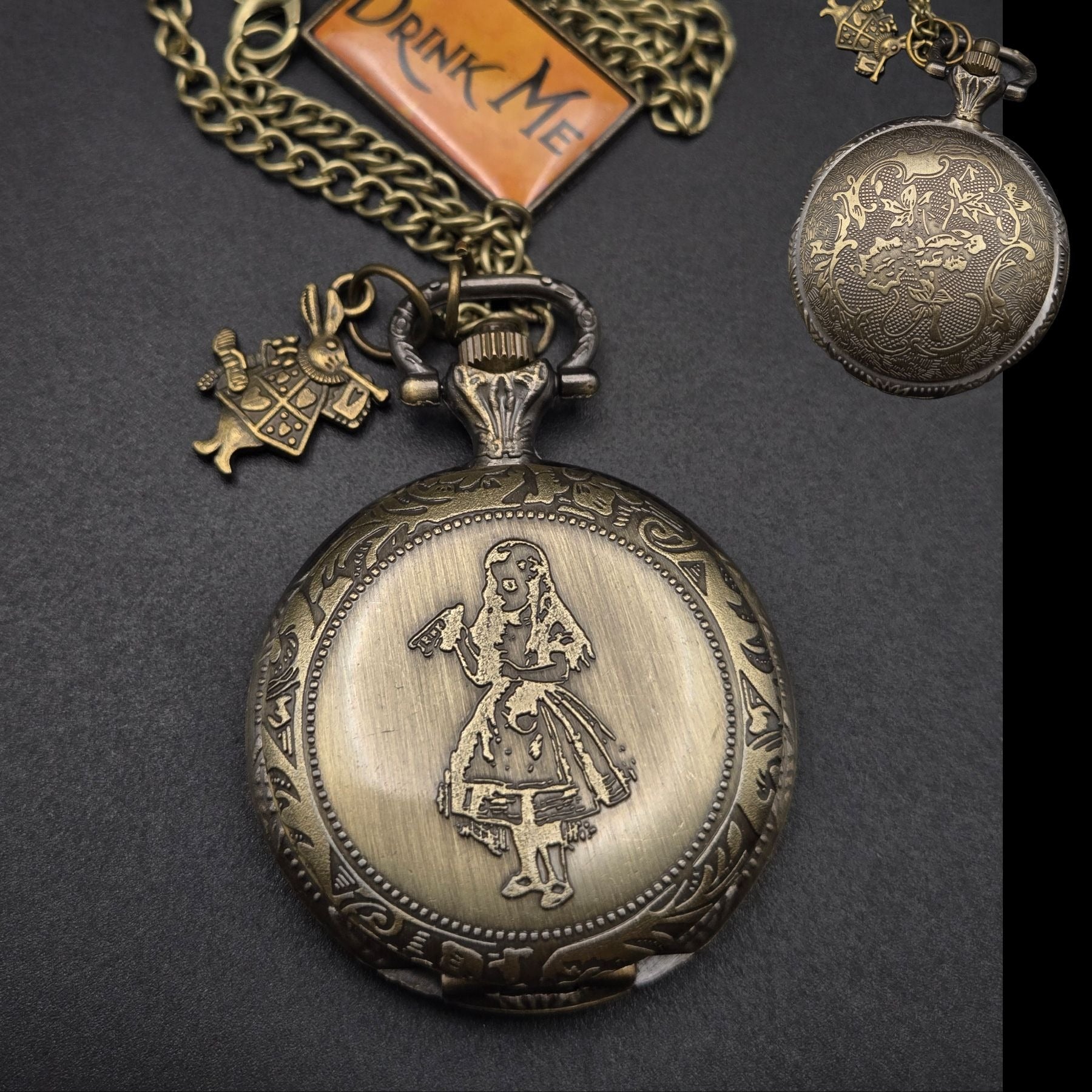 Alice In Wonderland Pocket Watch Necklace "Drink Me" & Rabbit Charm Vintage Quartz