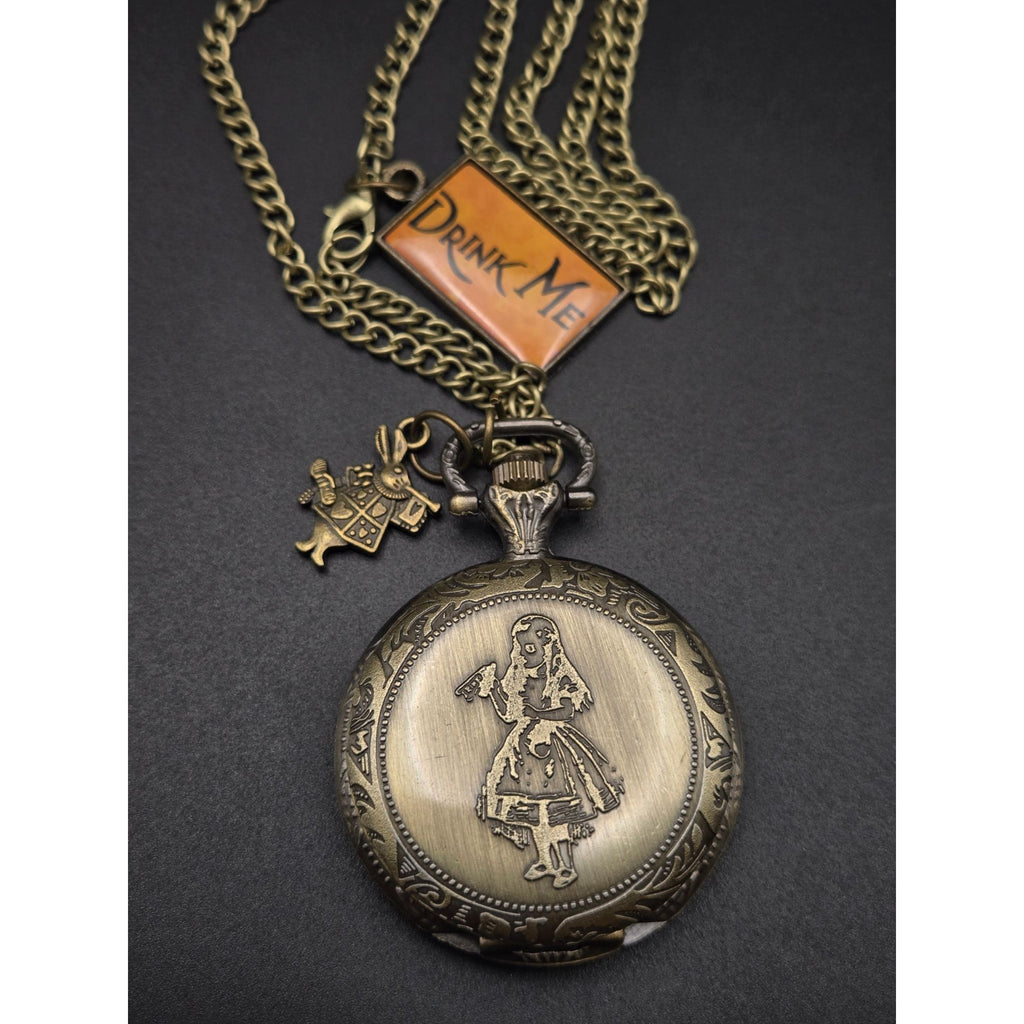 Alice In Wonderland Pocket Watch Necklace "Drink Me" & Rabbit Charm Vintage Quartz