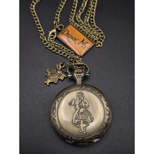 Alice In Wonderland Pocket Watch Necklace "Drink Me" & Rabbit Charm Vintage Quartz