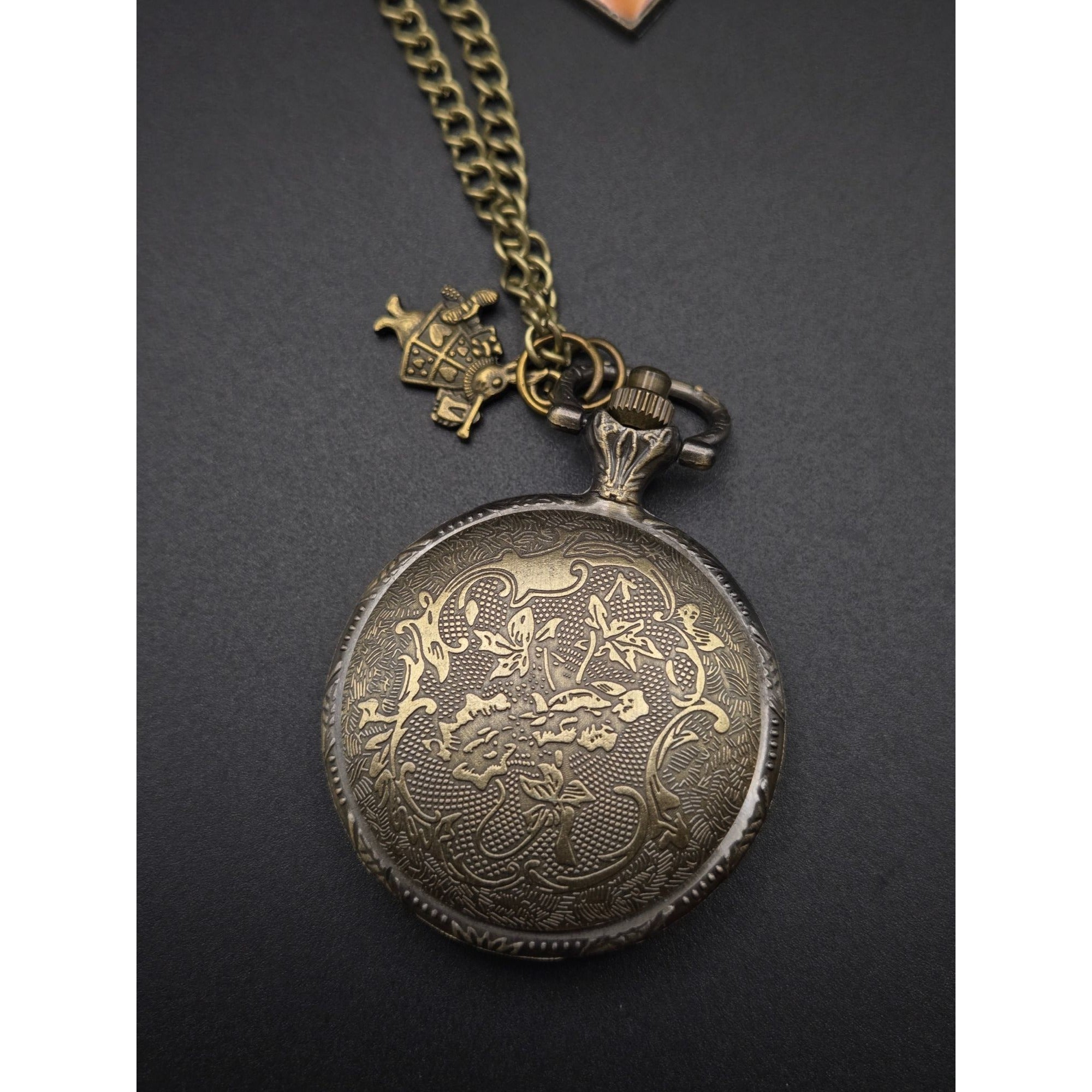 Alice In Wonderland Pocket Watch Necklace "Drink Me" & Rabbit Charm Vintage Quartz