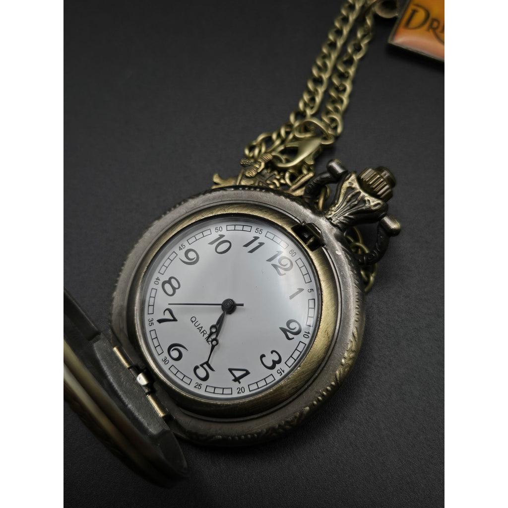 Alice In Wonderland Pocket Watch Necklace "Drink Me" & Rabbit Charm Vintage Quartz