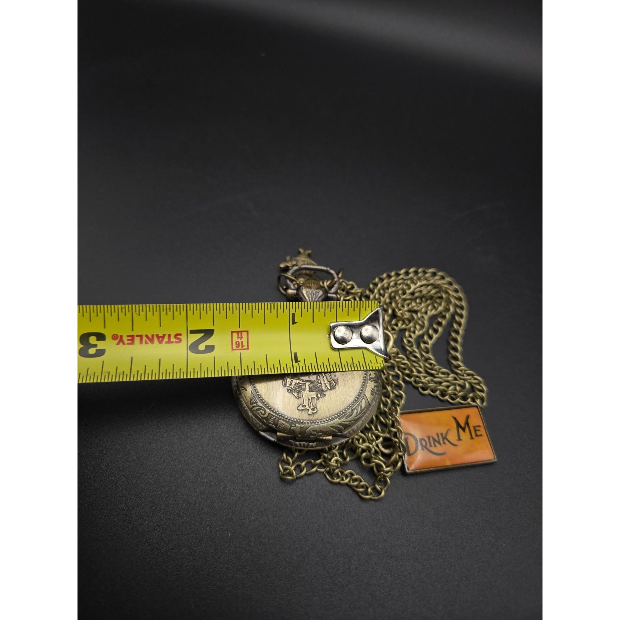 Alice In Wonderland Pocket Watch Necklace "Drink Me" & Rabbit Charm Vintage Quartz