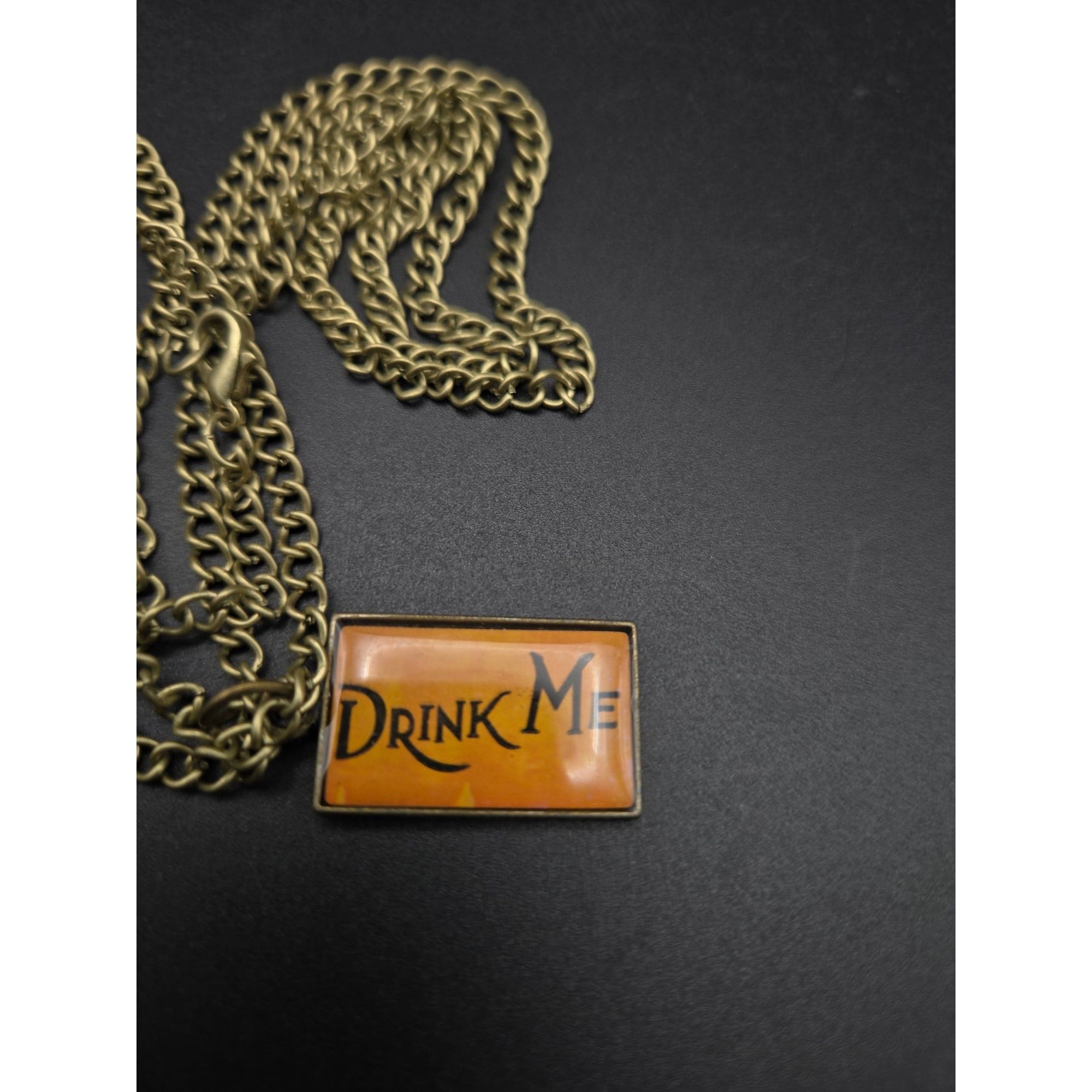 Alice In Wonderland Pocket Watch Necklace "Drink Me" & Rabbit Charm Vintage Quartz