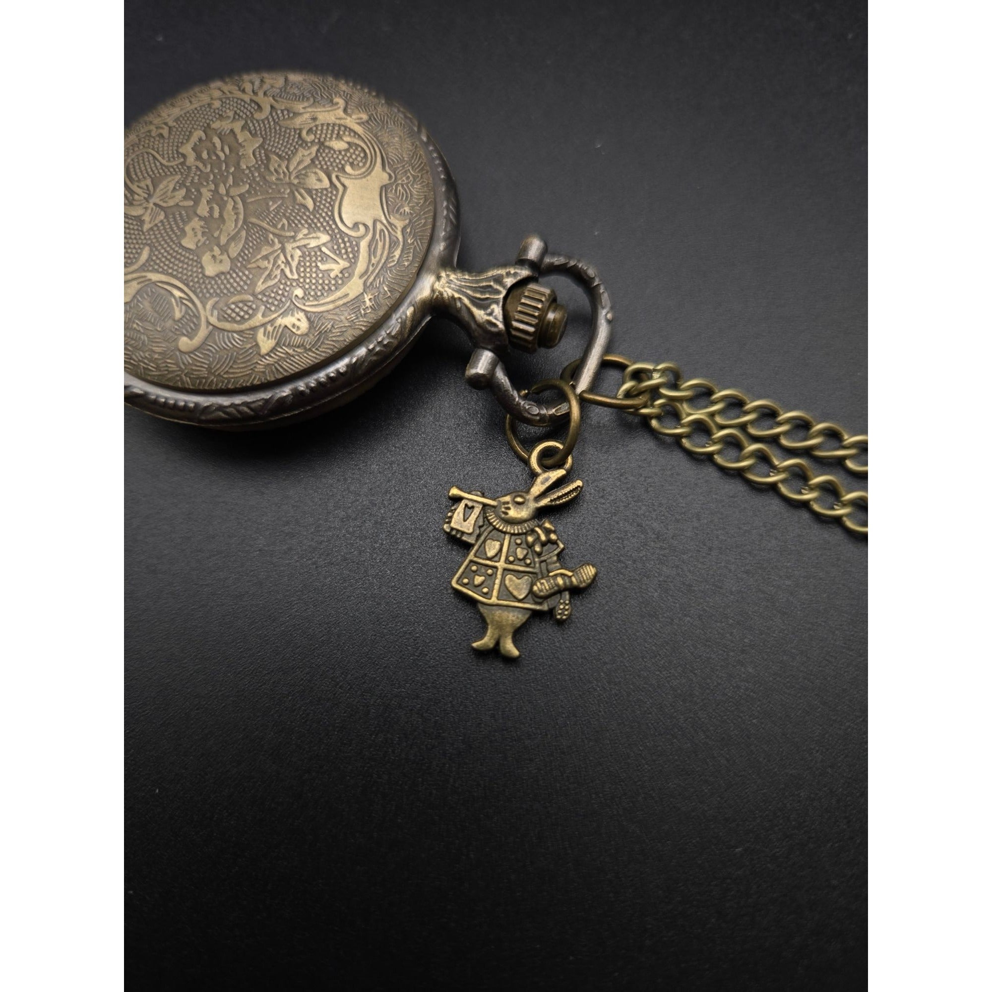 Alice In Wonderland Pocket Watch Necklace "Drink Me" & Rabbit Charm Vintage Quartz