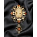 Vintage Cameo Brooch Pin With Rhinestone Accents And Dangling Filigree Charm