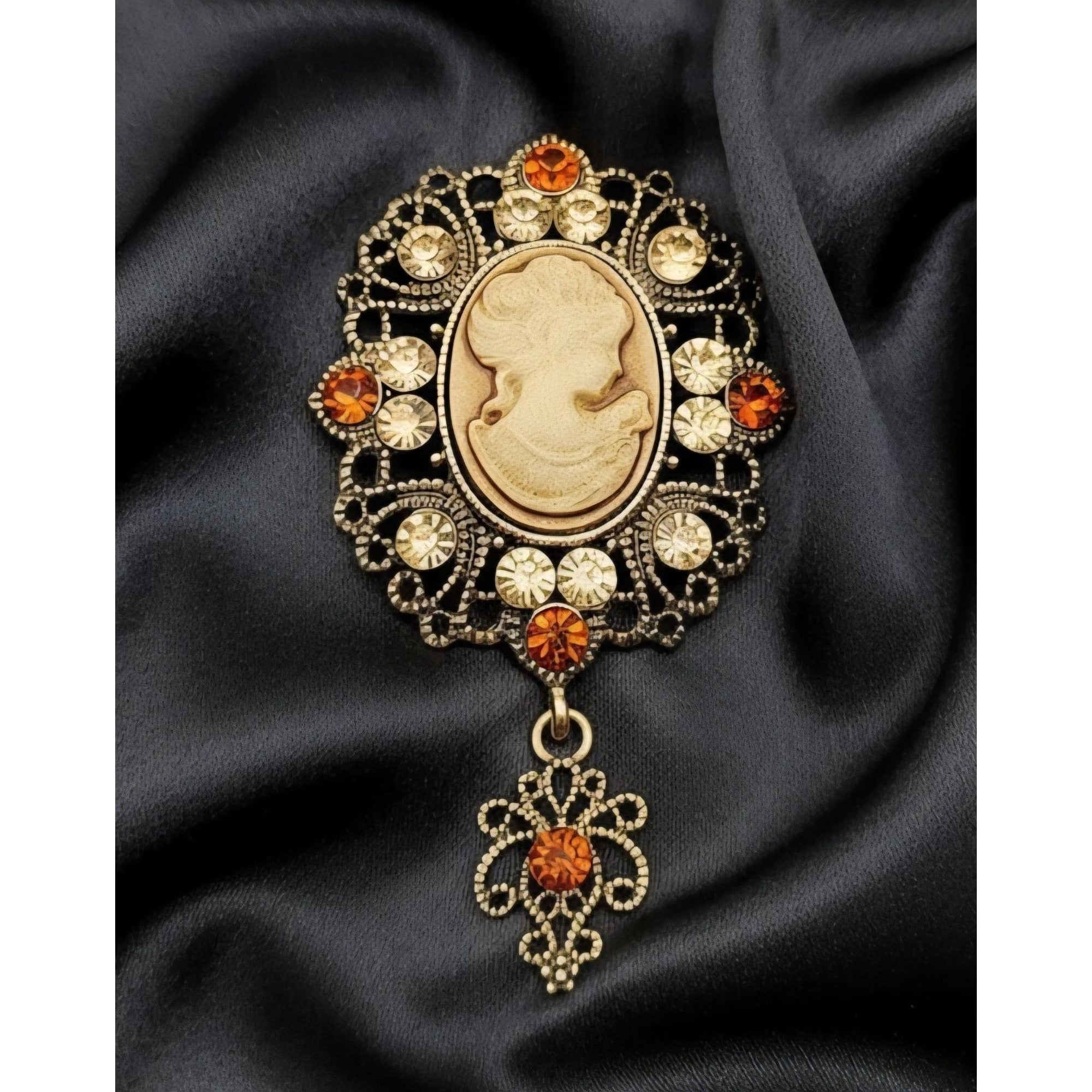 Vintage Cameo Brooch Pin With Rhinestone Accents And Dangling Filigree Charm
