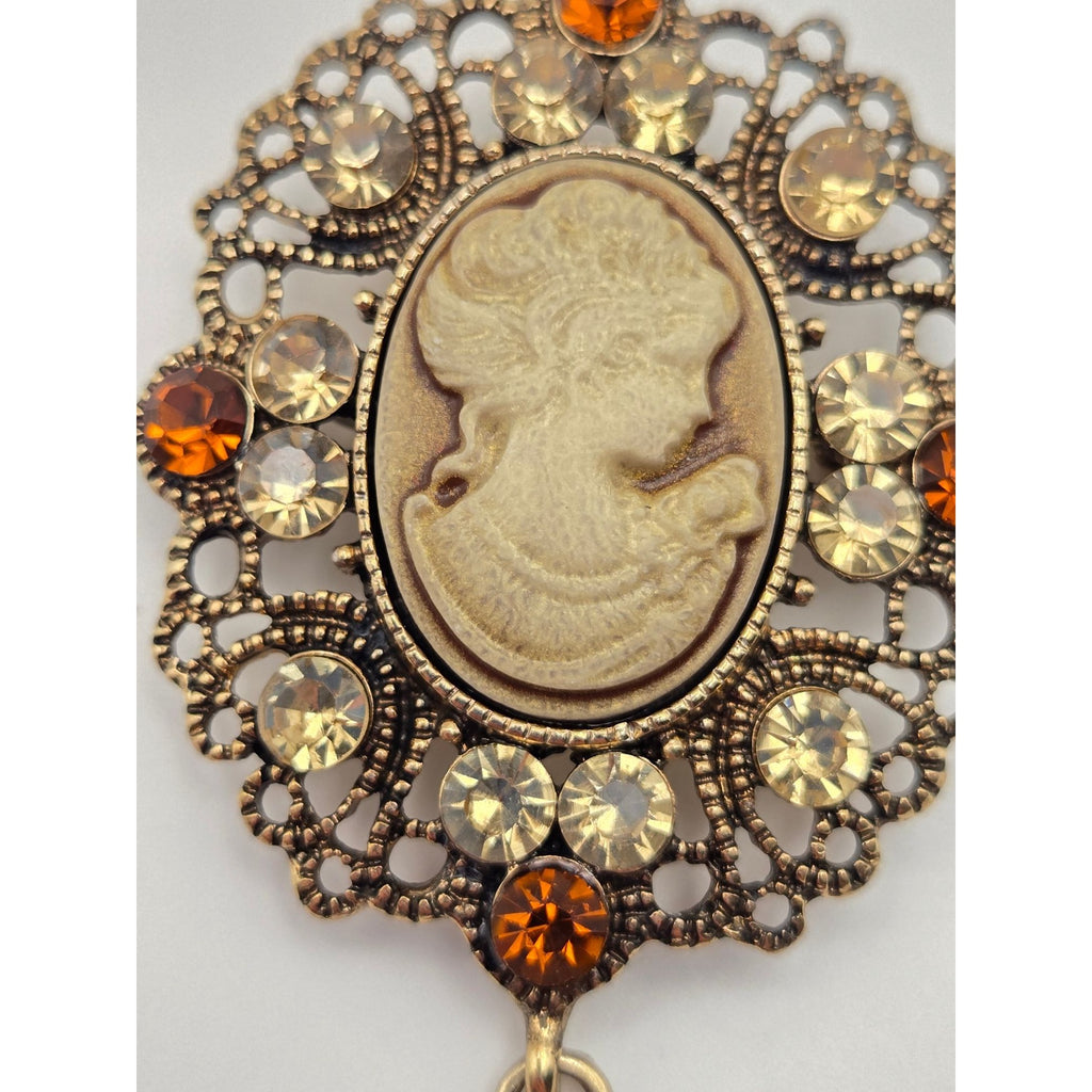 Vintage Cameo Brooch Pin With Rhinestone Accents And Dangling Filigree Charm