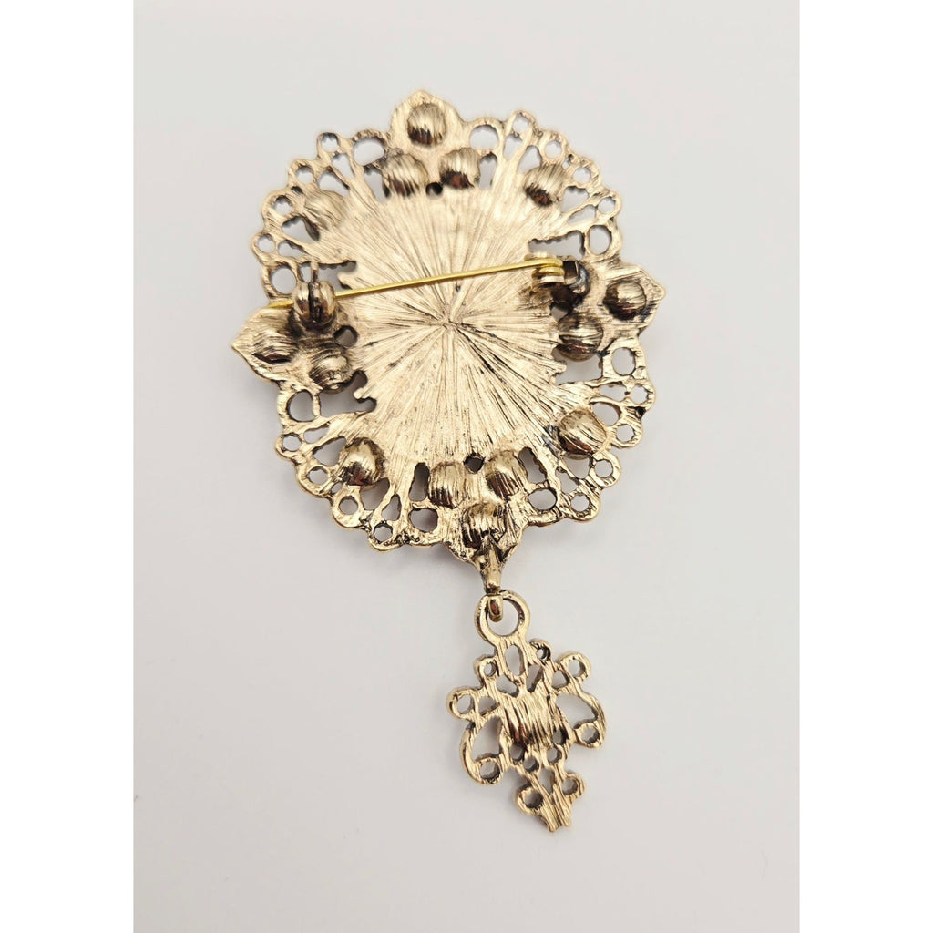 Vintage Cameo Brooch Pin With Rhinestone Accents And Dangling Filigree Charm