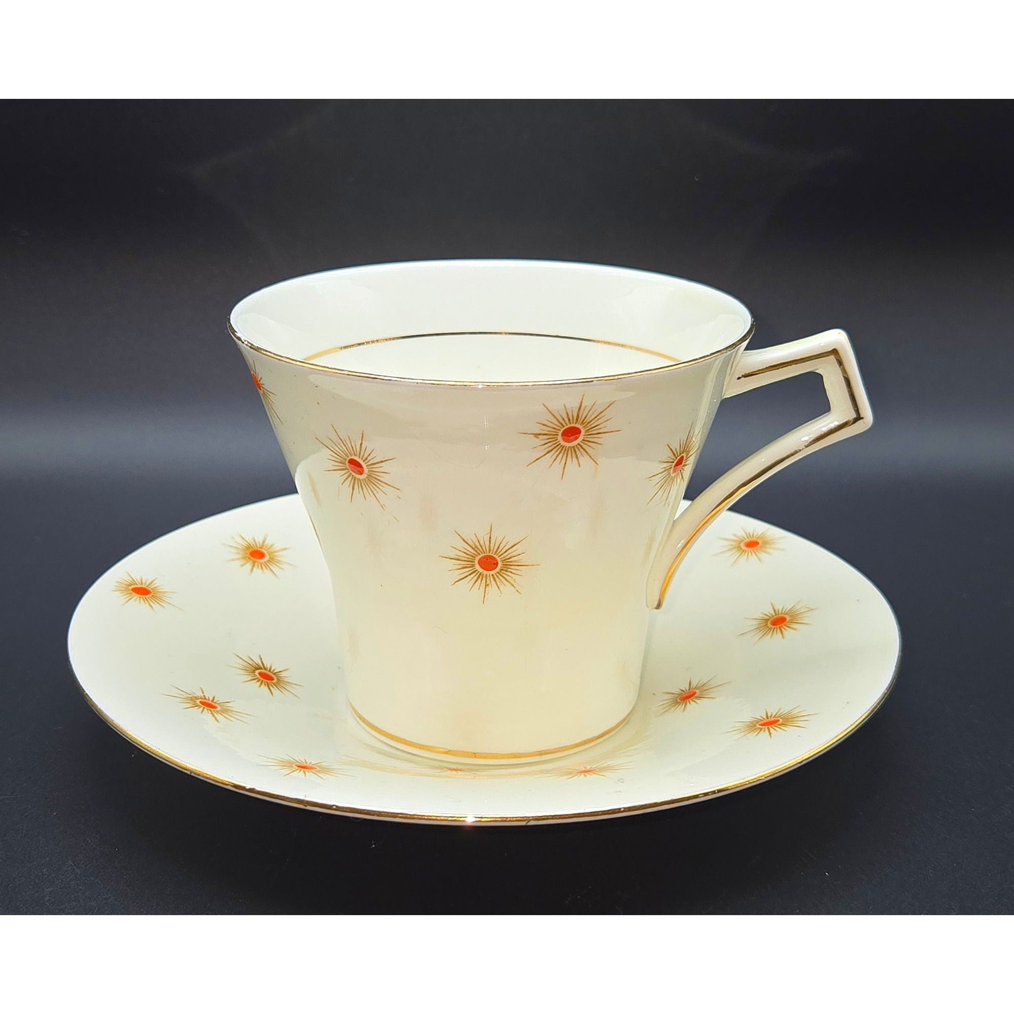 Vintage Royal Albert China 'Star of Eve' Teacup & Saucer Set With Gold Orange Atomic Design