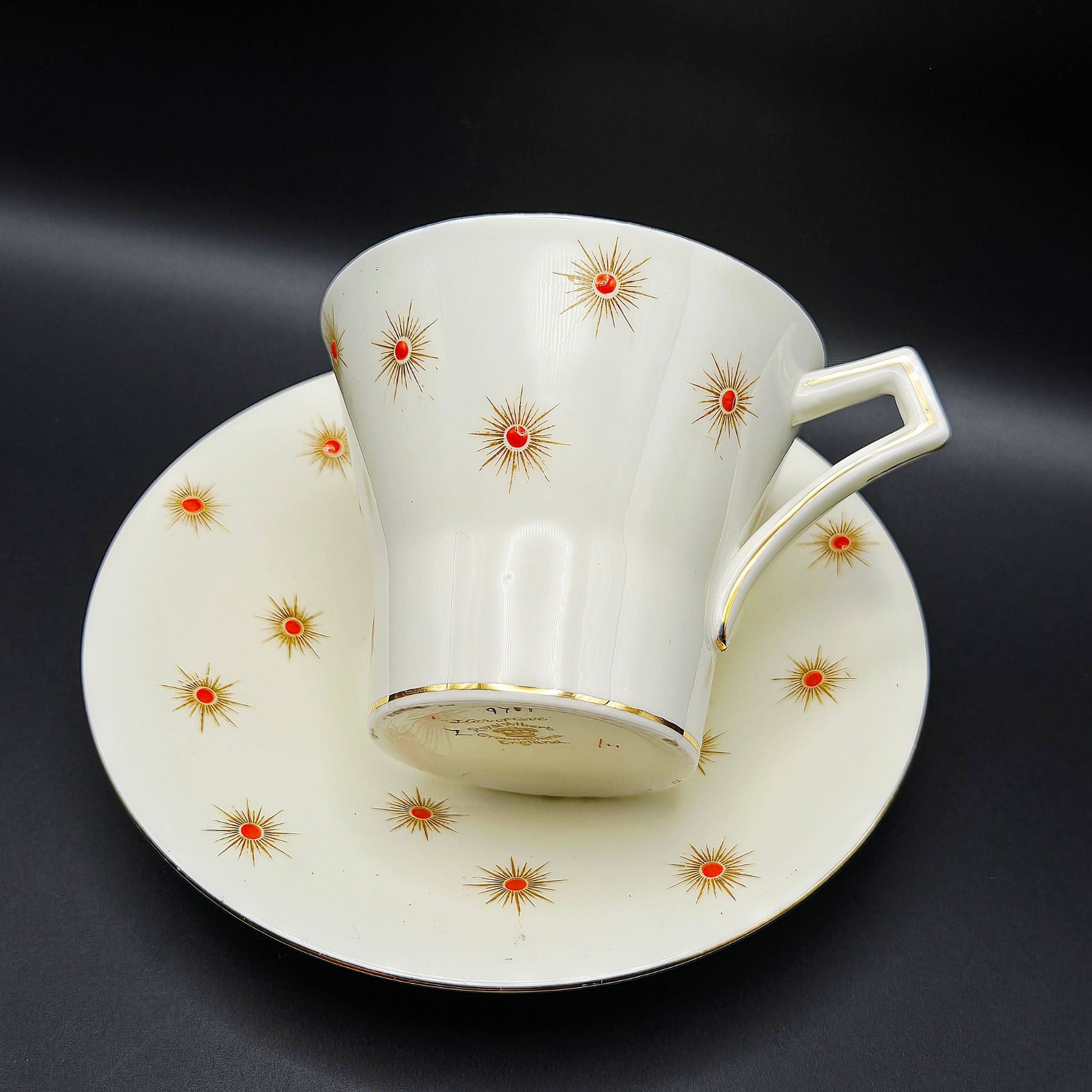 Vintage Royal Albert China 'Star of Eve' Teacup & Saucer Set With Gold Orange Atomic Design