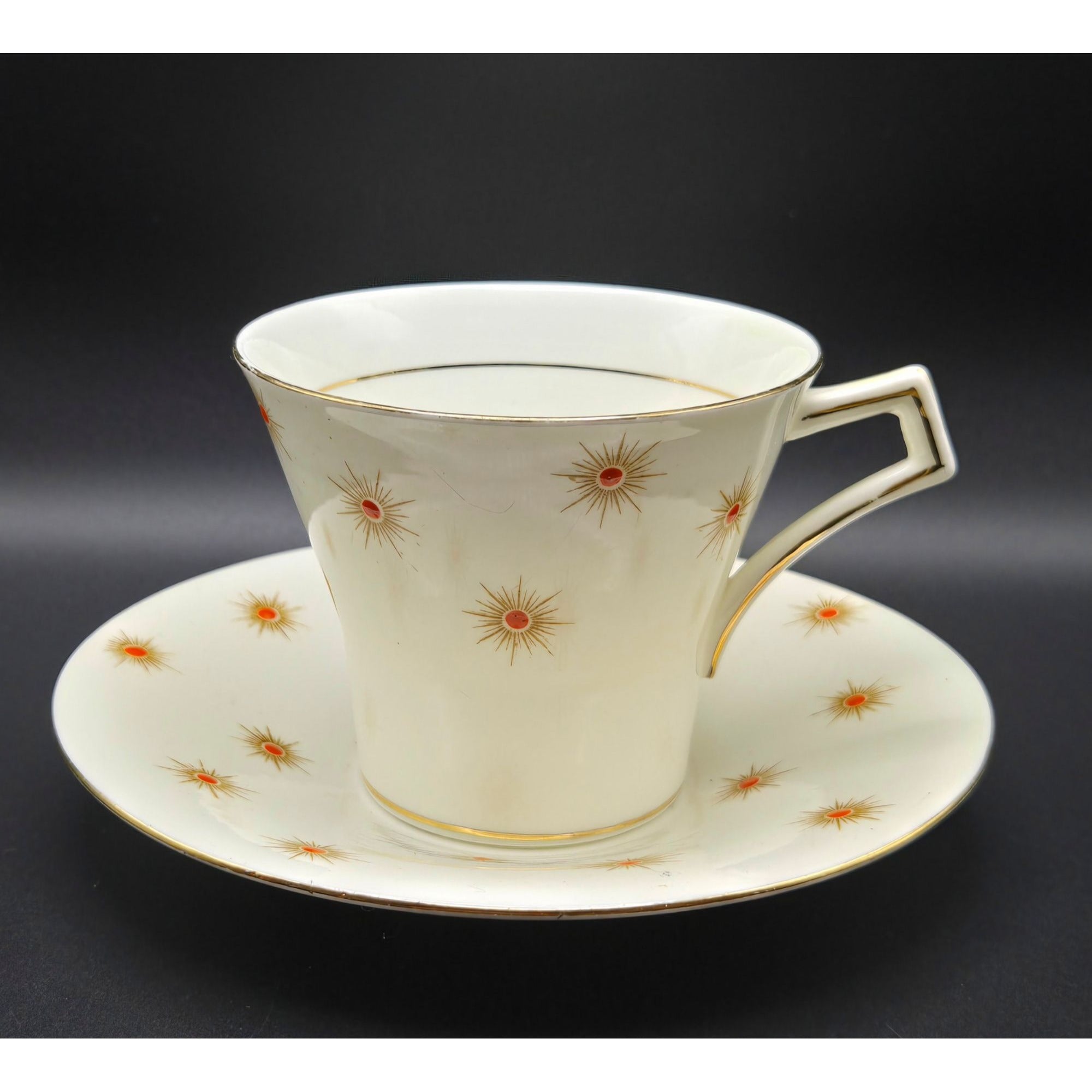 Vintage Royal Albert China 'Star of Eve' Teacup & Saucer Set With Gold Orange Atomic Design