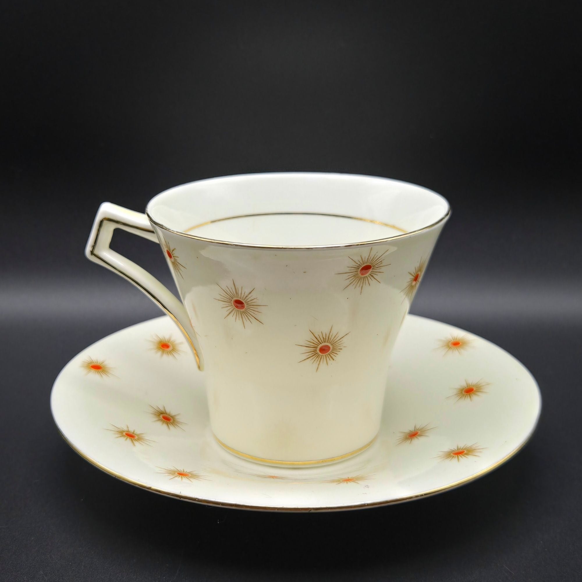 Vintage Royal Albert China 'Star of Eve' Teacup & Saucer Set With Gold Orange Atomic Design