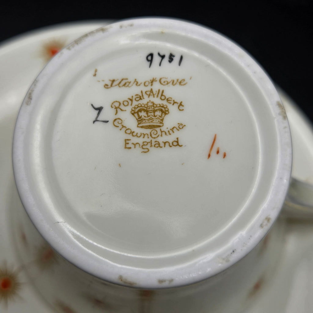 Vintage Royal Albert China 'Star of Eve' Teacup & Saucer Set With Gold Orange Atomic Design