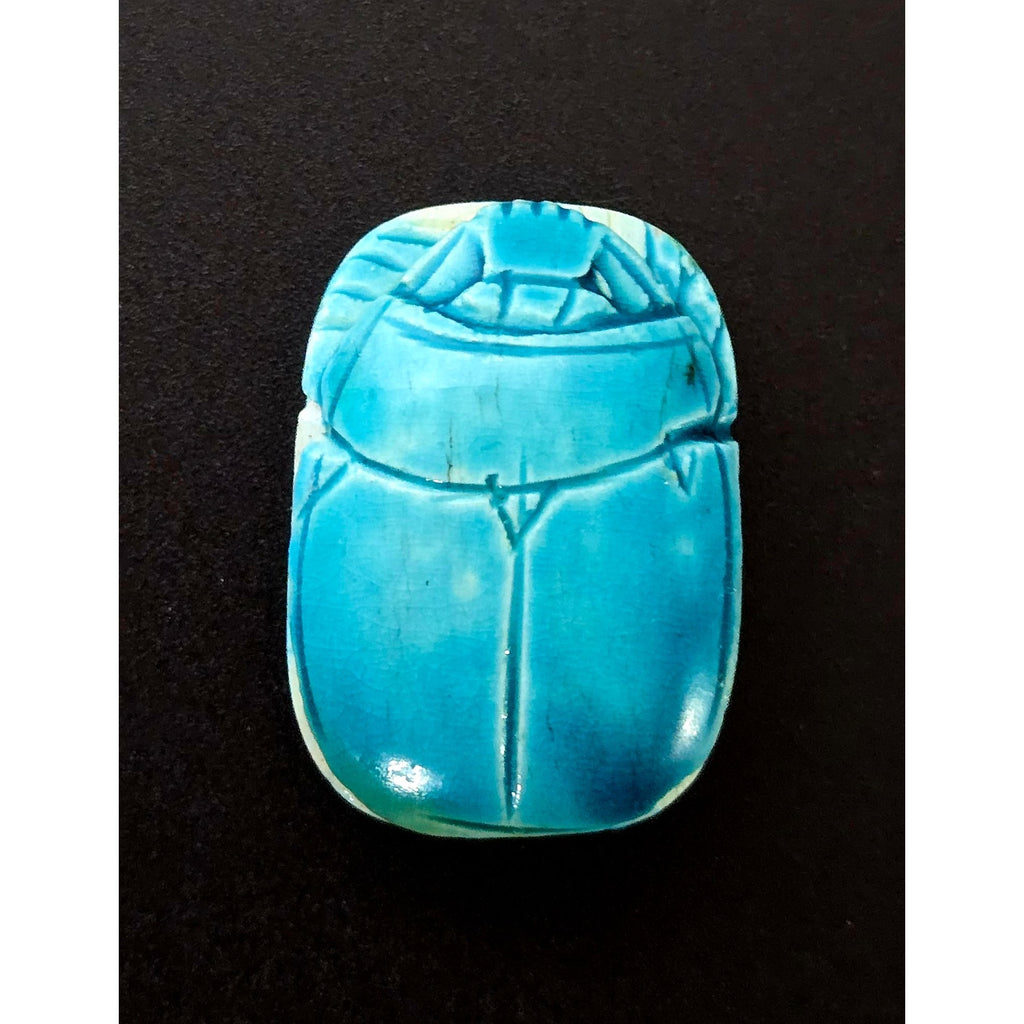 Egyptian Aqua Blue Scarab Figurine With Carved Hieroglyphs 2"