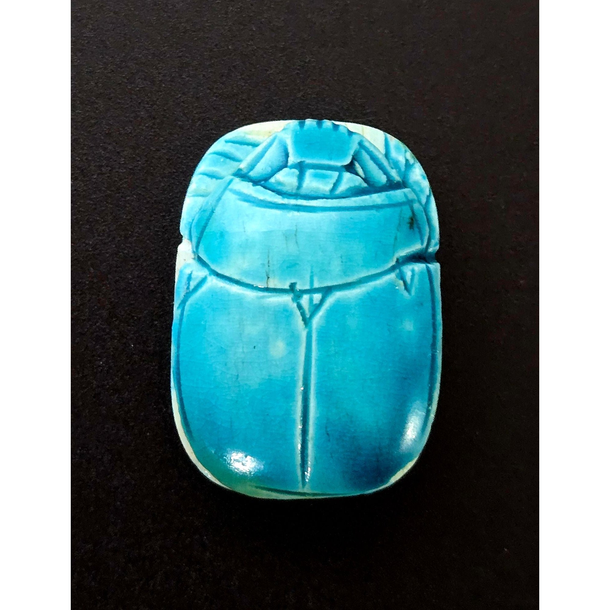 Egyptian Aqua Blue Scarab Figurine With Carved Hieroglyphs 2"