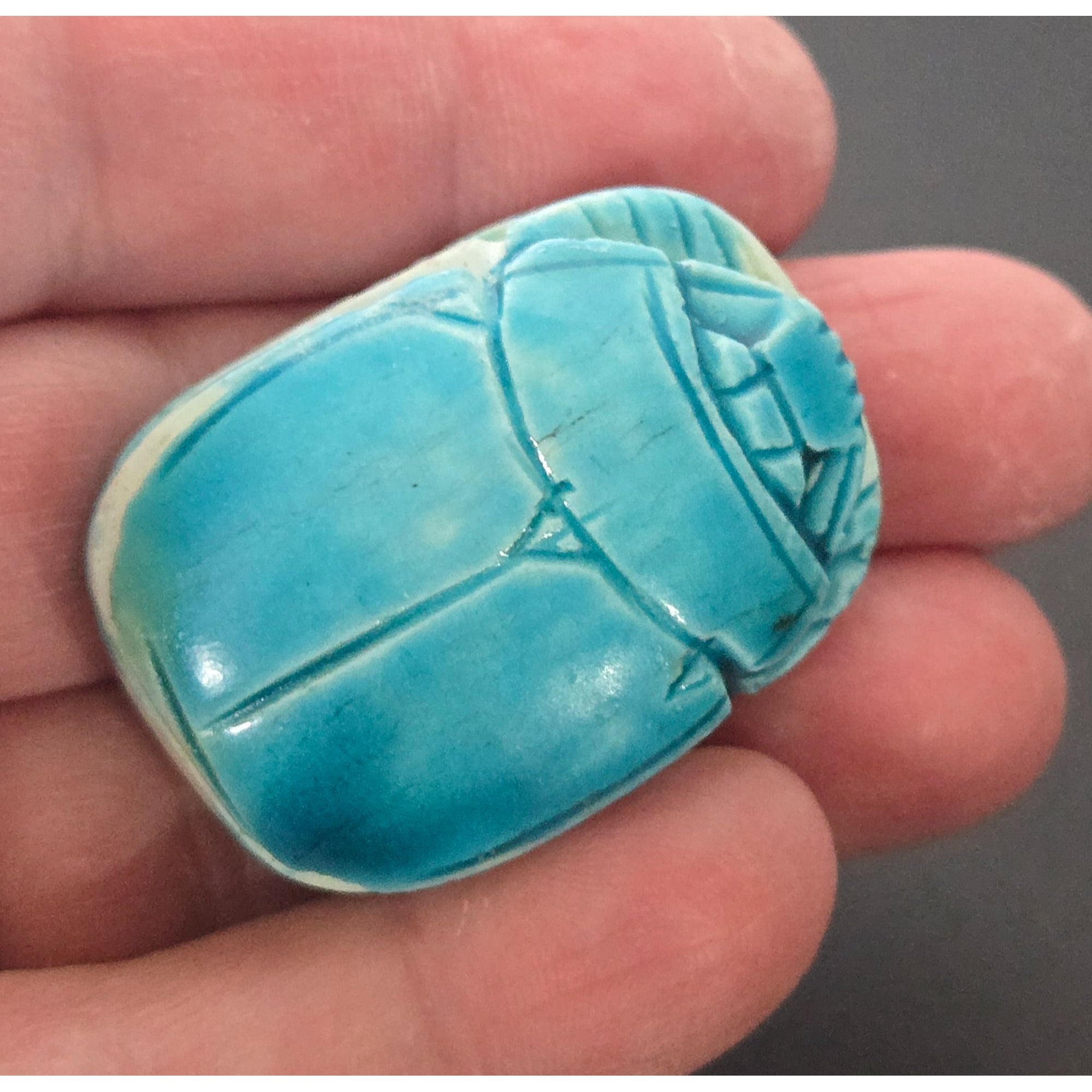 Egyptian Aqua Blue Scarab Figurine With Carved Hieroglyphs 2"