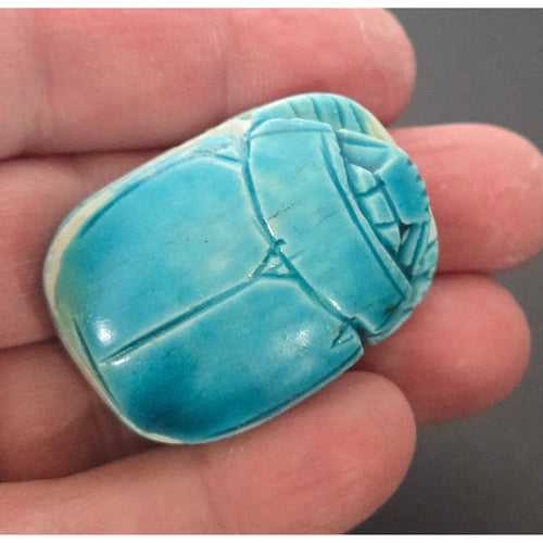 Egyptian Aqua Blue Scarab Figurine With Carved Hieroglyphs 2"