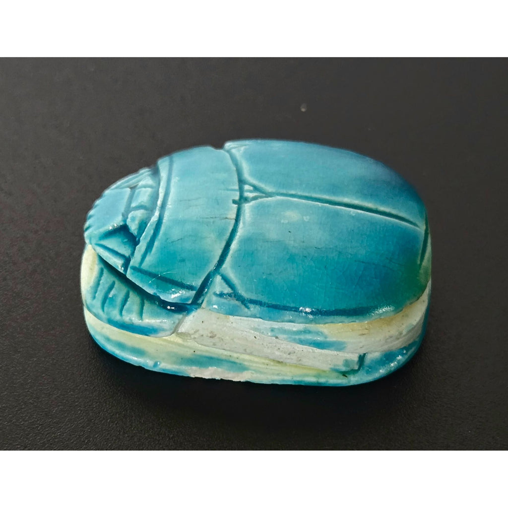 Egyptian Aqua Blue Scarab Figurine With Carved Hieroglyphs 2"