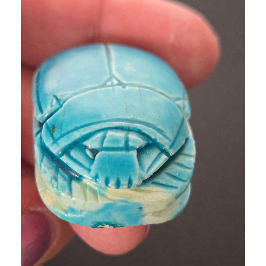 Egyptian Aqua Blue Scarab Figurine With Carved Hieroglyphs 2"