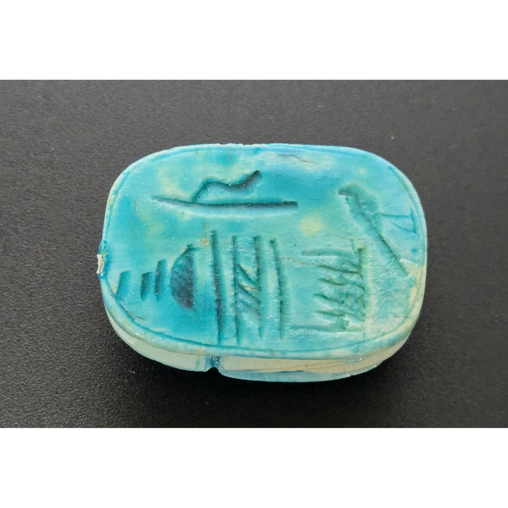 Egyptian Aqua Blue Scarab Figurine With Carved Hieroglyphs 2"