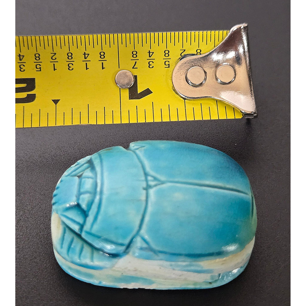 Egyptian Aqua Blue Scarab Figurine With Carved Hieroglyphs 2"