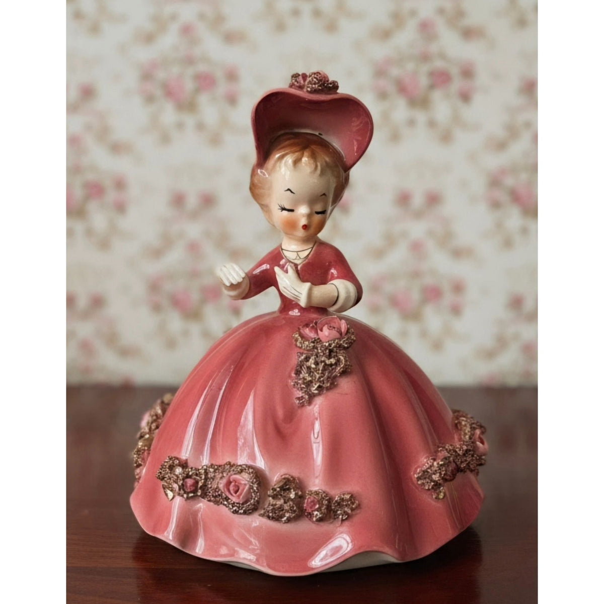 Vintage Arnart Pink Ceramic Figurine Of Lady In Hat With Floral Accents 1950s Style Home Decor